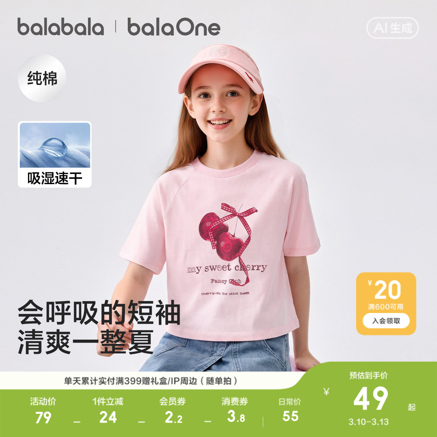 巴拉巴拉童装女童短袖t恤儿童2026新款夏装吸湿速干纯棉印花上衣