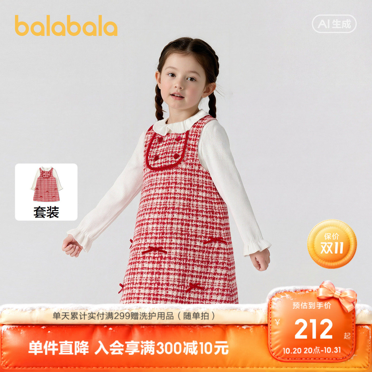 巴拉巴拉童装儿童连衣裙子女童春秋装两件套红色拜年服