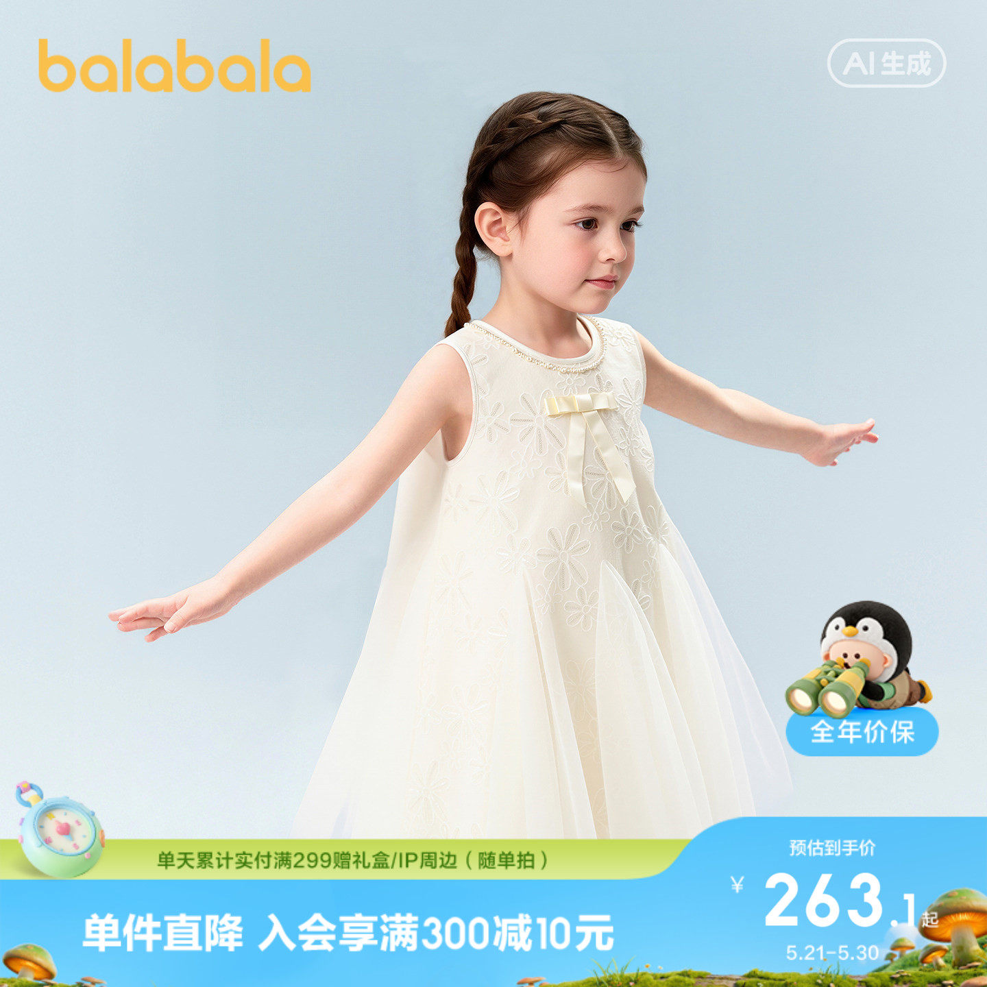 【商场同款】巴拉巴拉女童裙子儿童连衣裙2026新款夏装无袖网纱裙