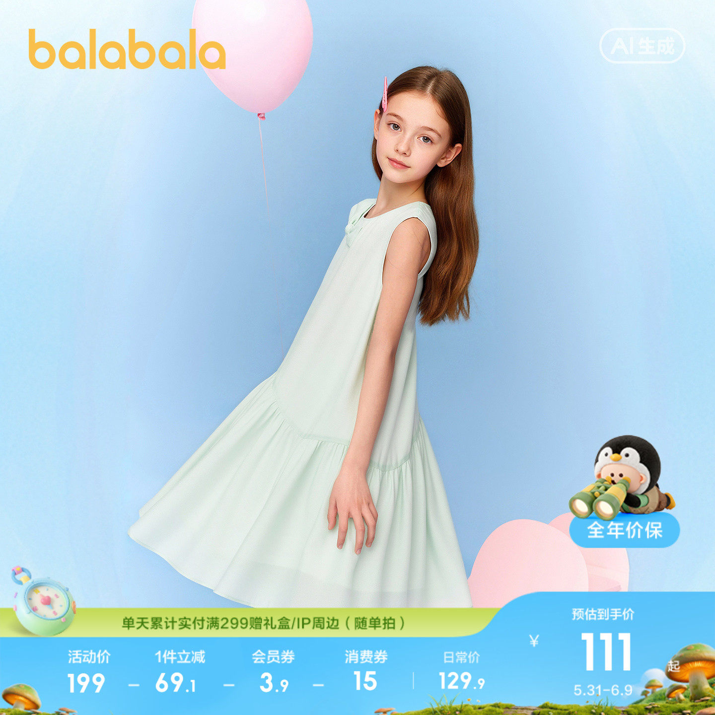 巴拉巴拉女童裙子儿童连衣裙新款夏装中大童无袖童装透气薄款