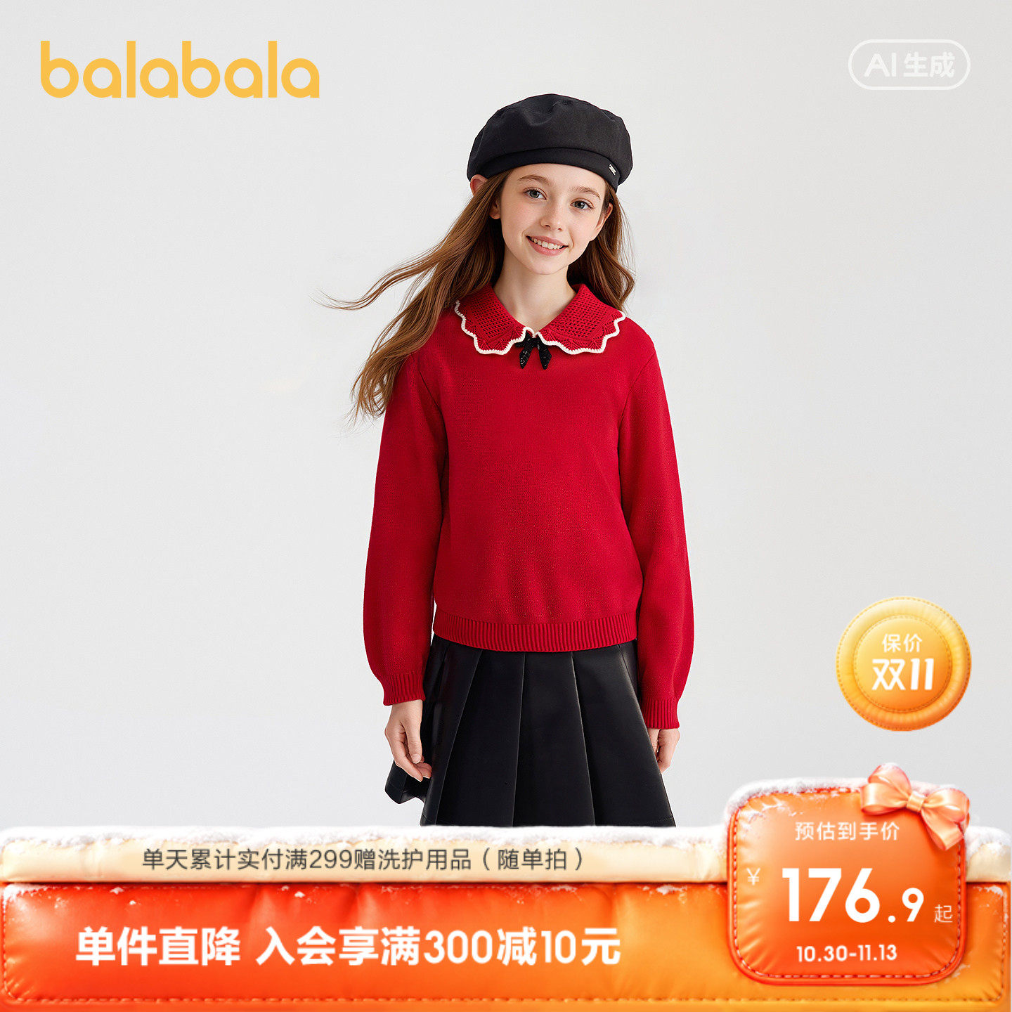 巴拉巴拉童装儿童毛衣针织打底衫女童2026新款春秋装红色宝宝上衣