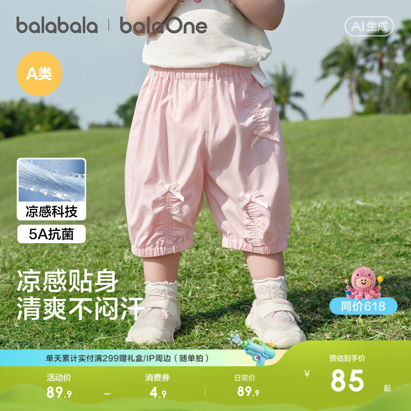 巴拉巴拉宝宝裤子婴儿休闲裤儿童女童七分裤2026新款夏凉感花苞裤