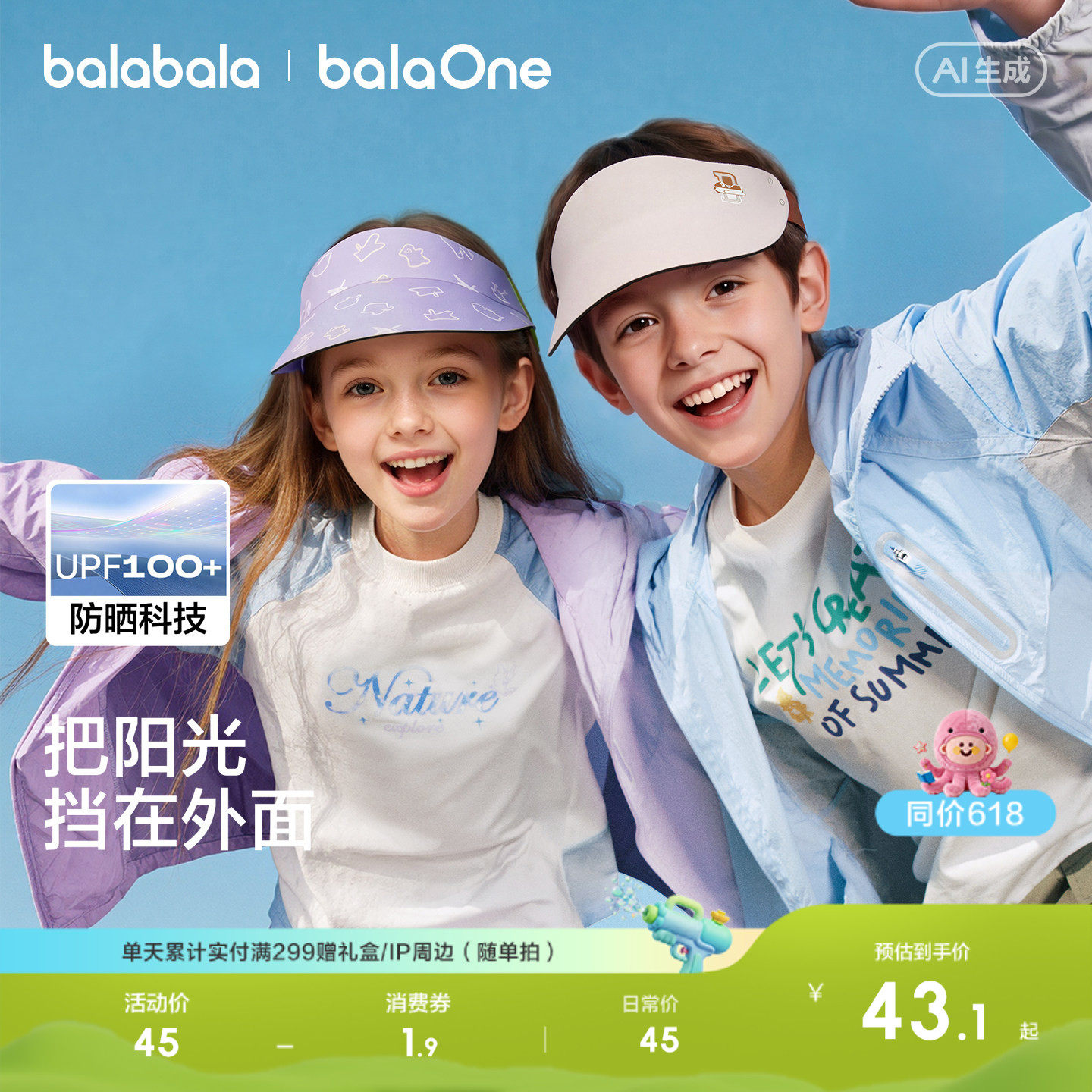 巴拉巴拉儿童防晒帽子男女童2026夏季新款遮阳防紫外线宝宝空顶帽