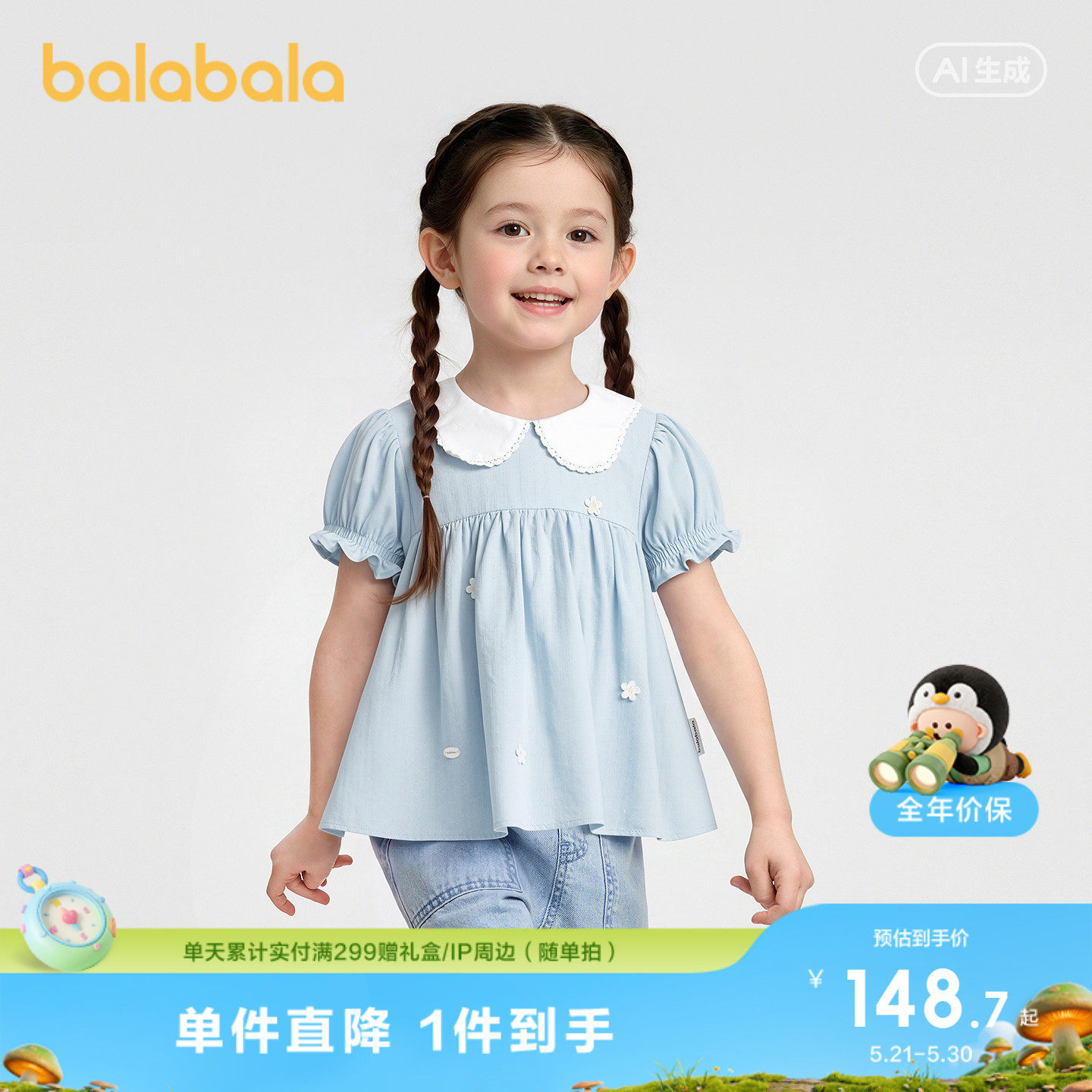 【商场同款】巴拉巴拉童装儿童短袖衬衫女童宝宝26夏装泡泡袖上衣