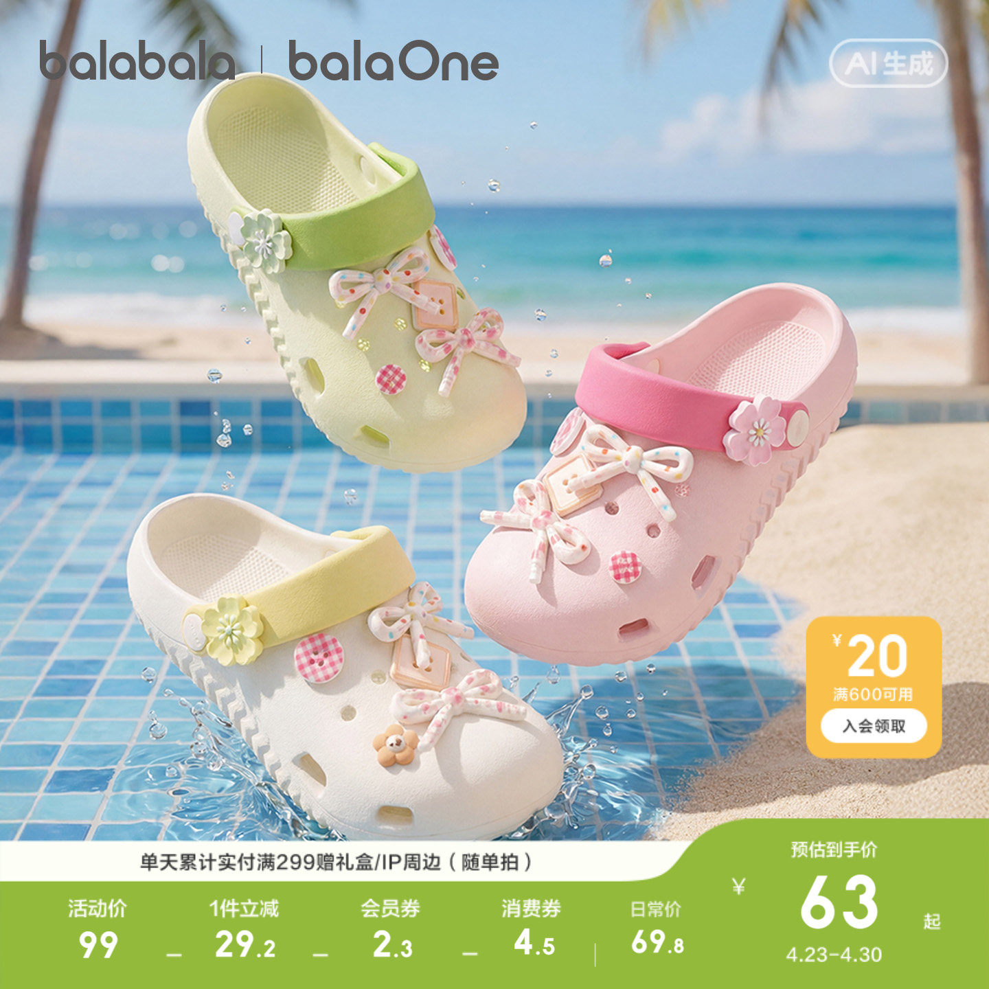 巴拉巴拉童鞋儿童拖鞋女童2026年新款夏季可拆卸甜美蝴蝶结洞洞鞋