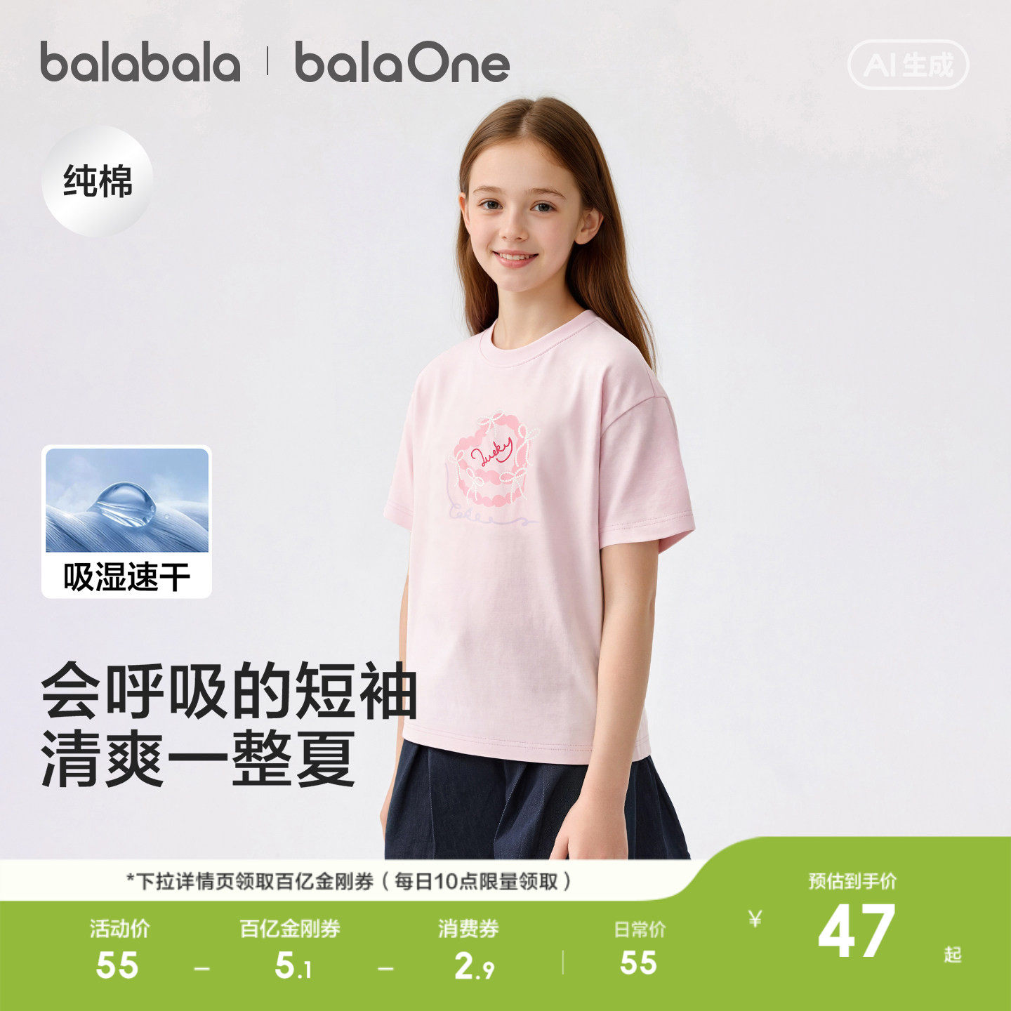 巴拉巴拉童装女童短袖t恤儿童衣服2026新款夏吸湿速干上衣甜美潮