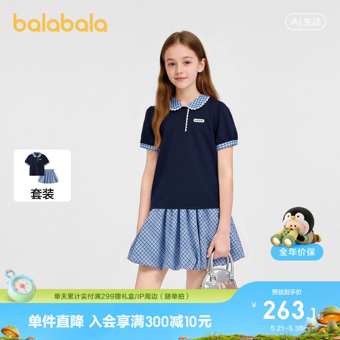 【商场同款】巴拉巴拉女童短袖套装儿童两件套2026新款夏装花苞裙