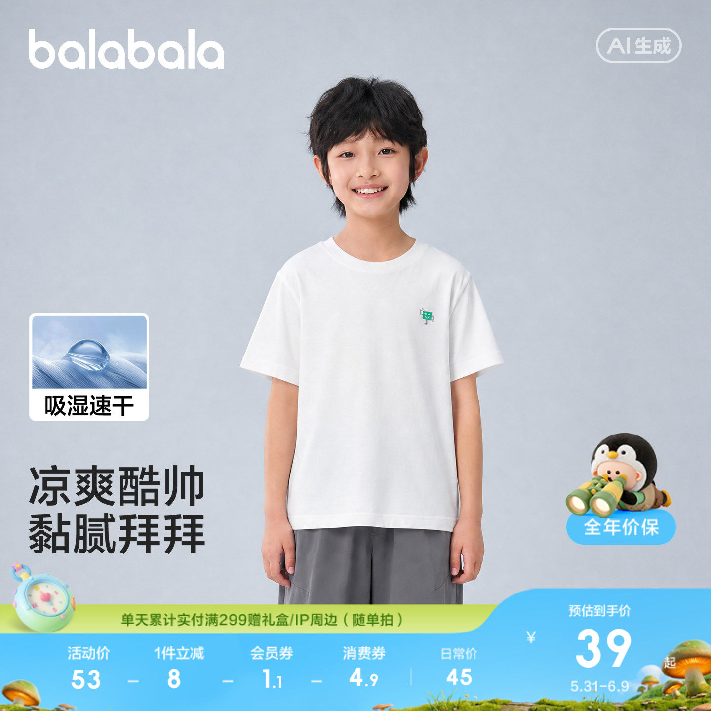 巴拉巴拉女童短袖t恤轻薄夏亲子装上衣儿童速干衣男童装休闲上衣