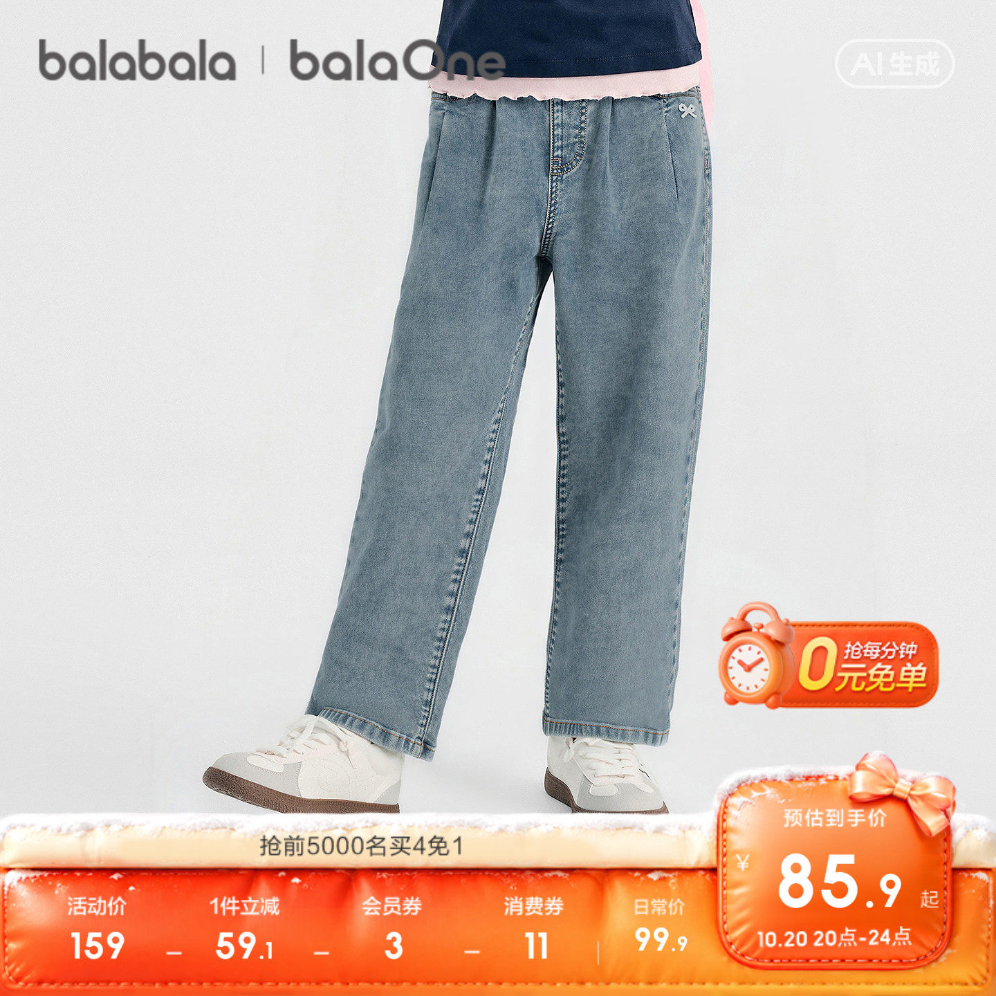 【balaOne】巴拉巴拉童装儿童裤子女童2026秋装新款牛仔裤捏褶潮