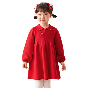 巴拉巴拉女童新中式针织连衣裙2025春秋装新款红色百褶红色拜年服