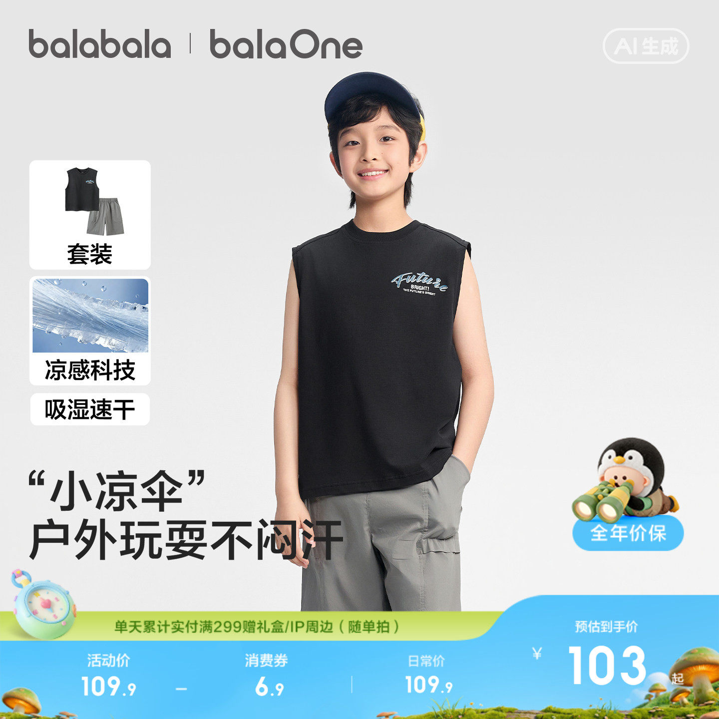 巴拉巴拉童装男童背心套装女童儿童2件套2026新款夏装凉感速干潮