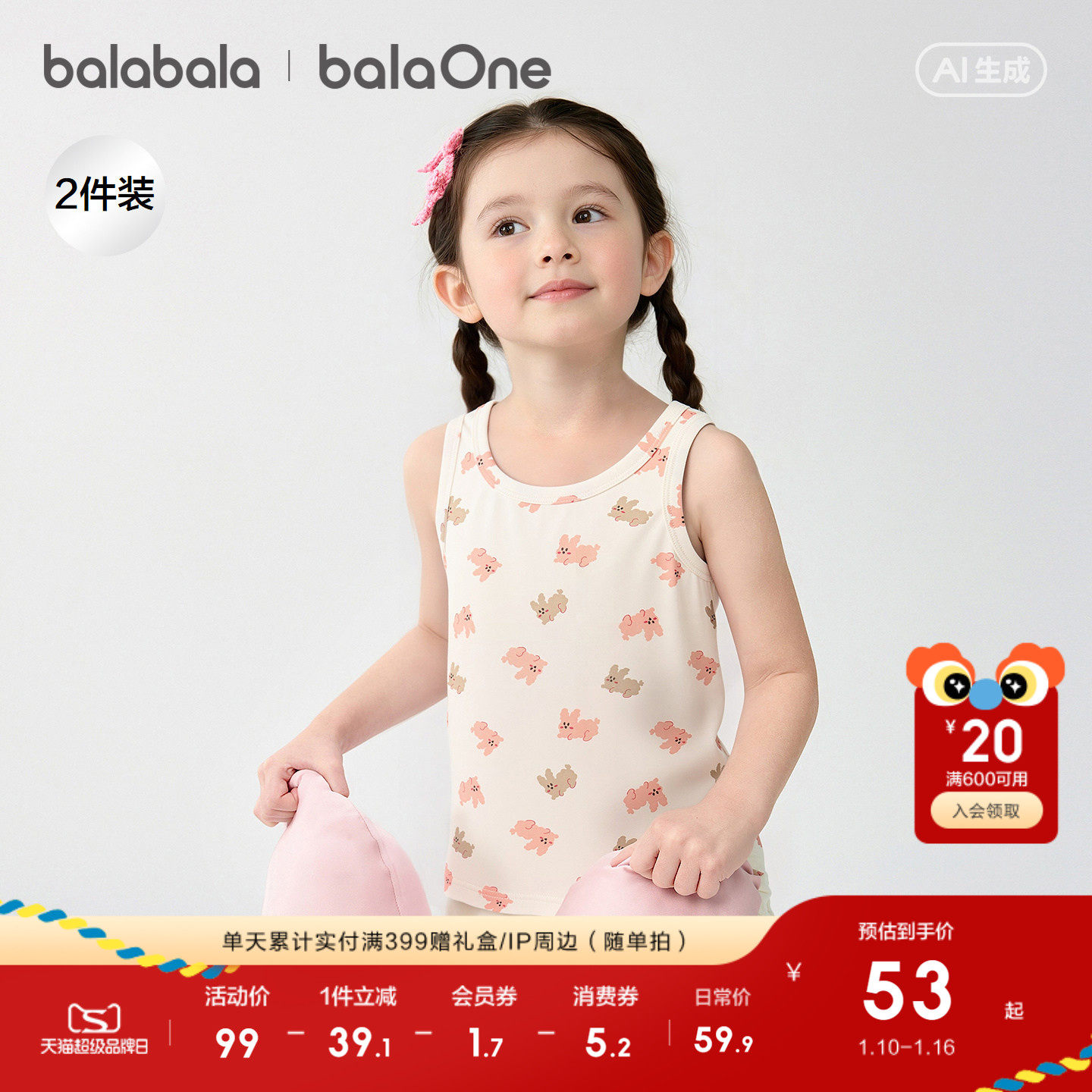 【balaOne】巴拉巴拉宝宝背心2025新款女童吊带儿童小内衣两件装,童装/婴儿装/亲子装,背心吊带,淘宝优惠券,粉丝福利购,淘宝优惠卷