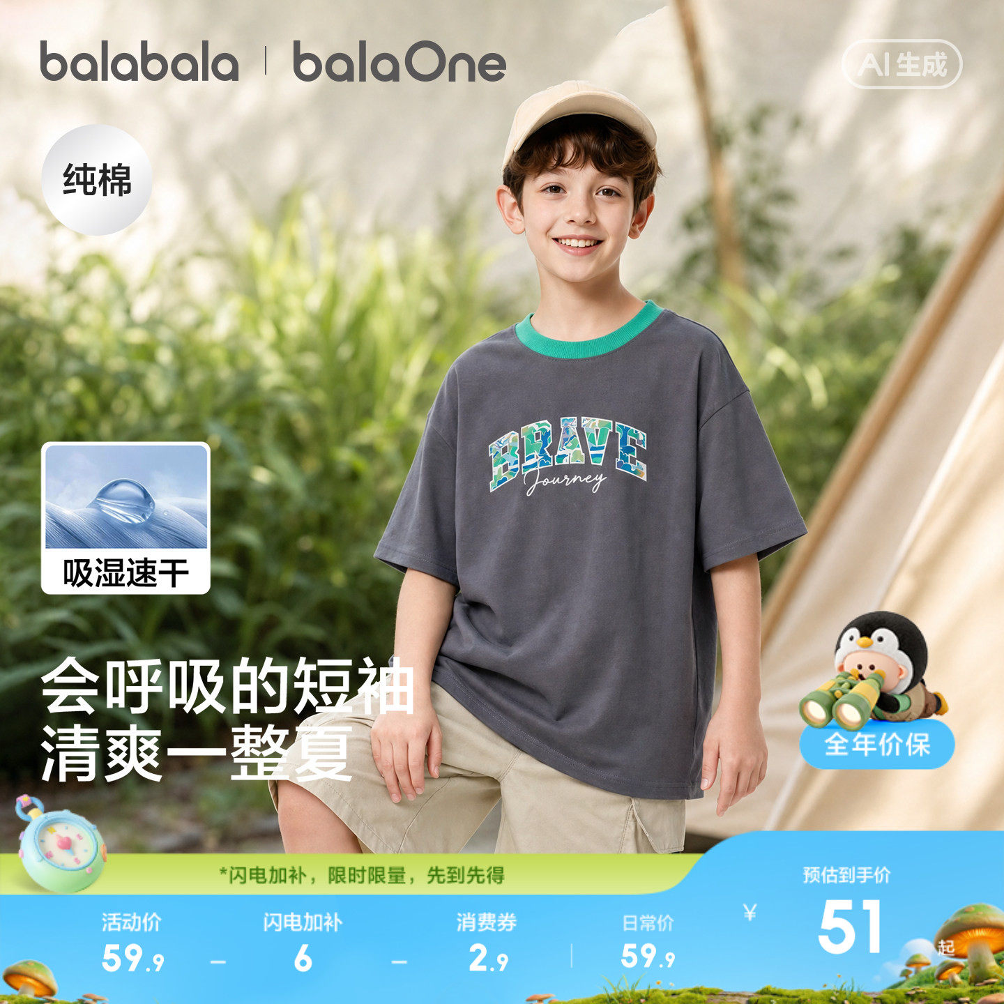 巴拉巴拉童装男童短袖t恤儿童2026新款夏装速干纯棉上衣亲子装潮