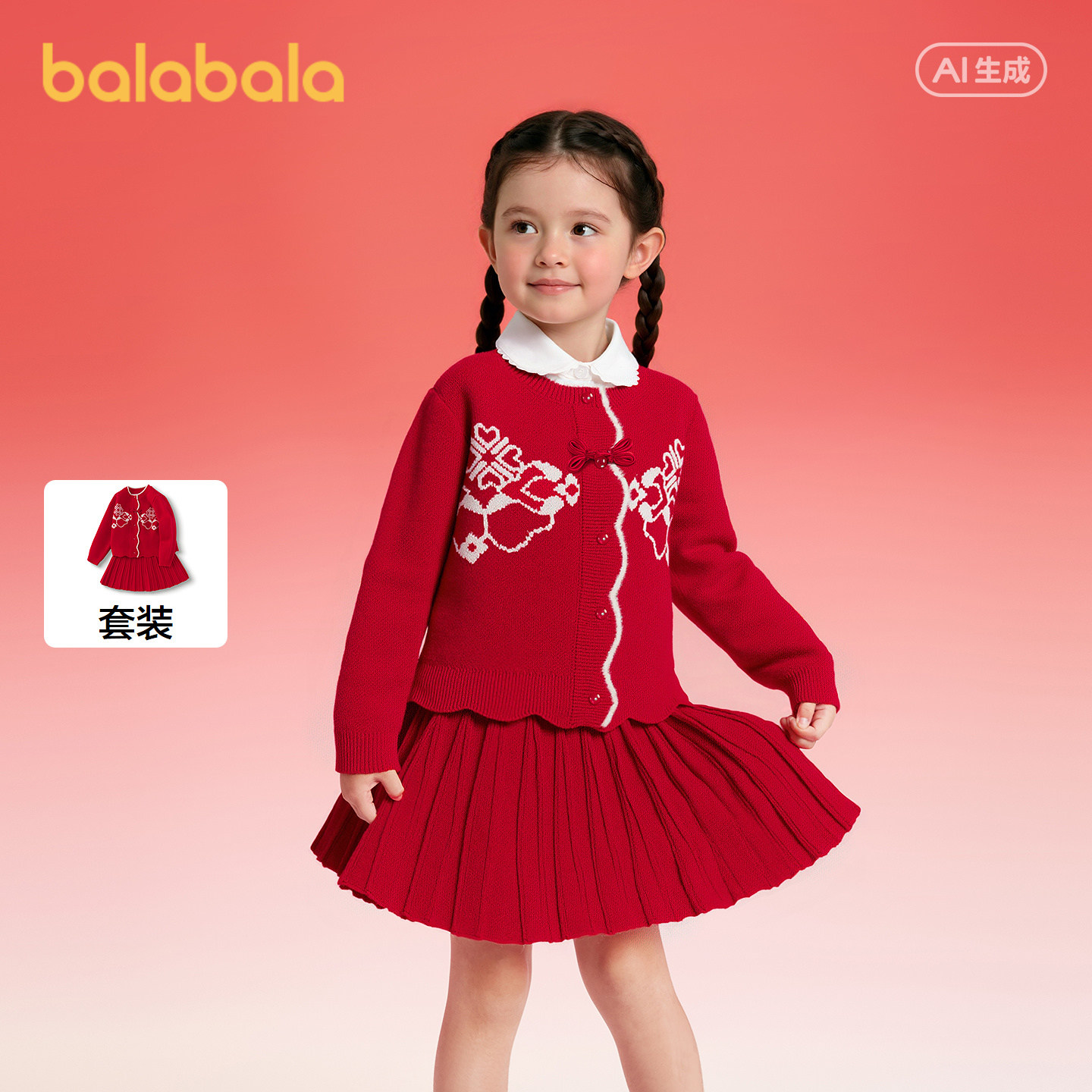 【国博IP】巴拉巴拉女童短裙套装国风春秋季两件套百搭时尚洋气