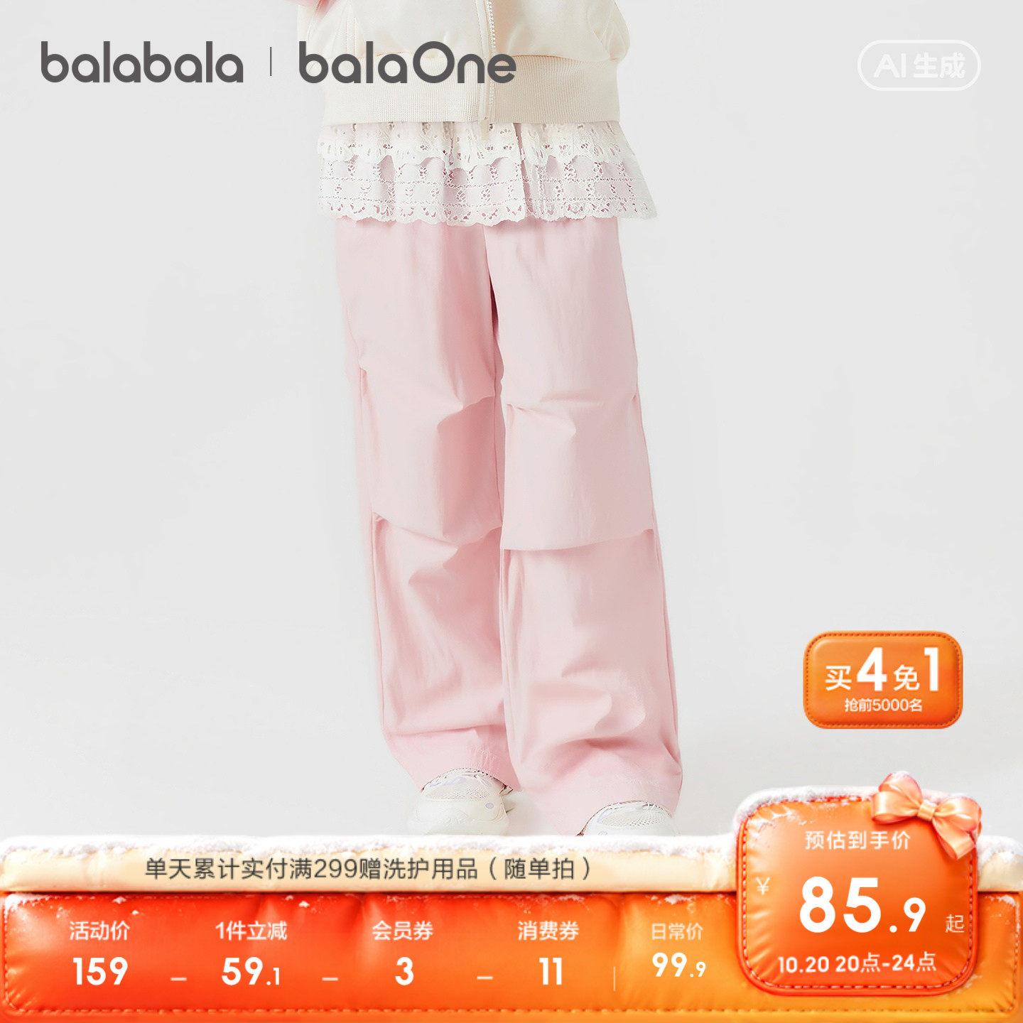 【balaOne】巴拉巴拉童装儿童裤子女童2026秋装新款工装裤假两件