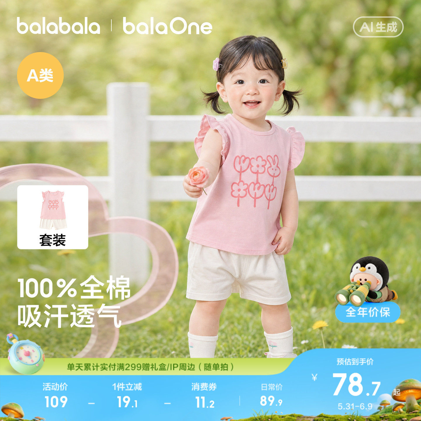 巴拉巴拉童装女童宝宝短袖套装婴儿t恤儿童裤子两件套2026夏装萌