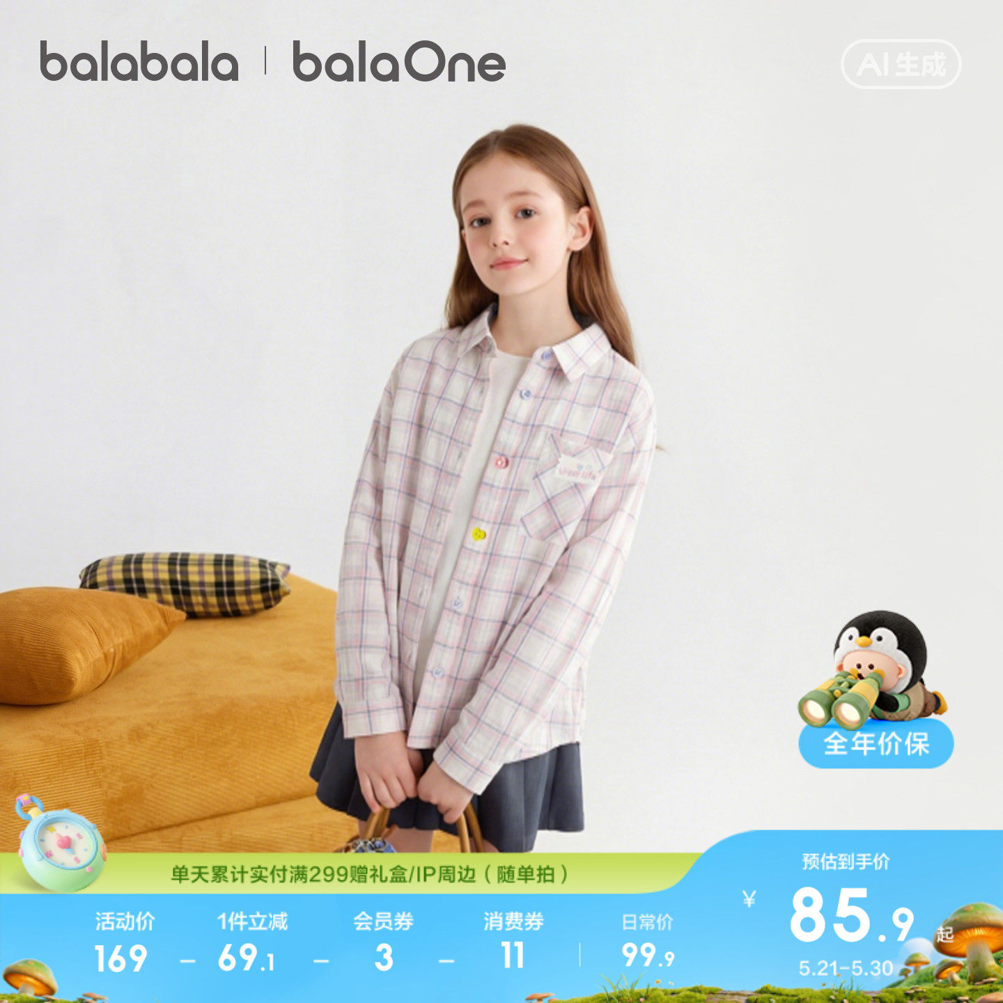 【balaOne】巴拉巴拉童装儿童长袖衬衫女童2026新款春装格