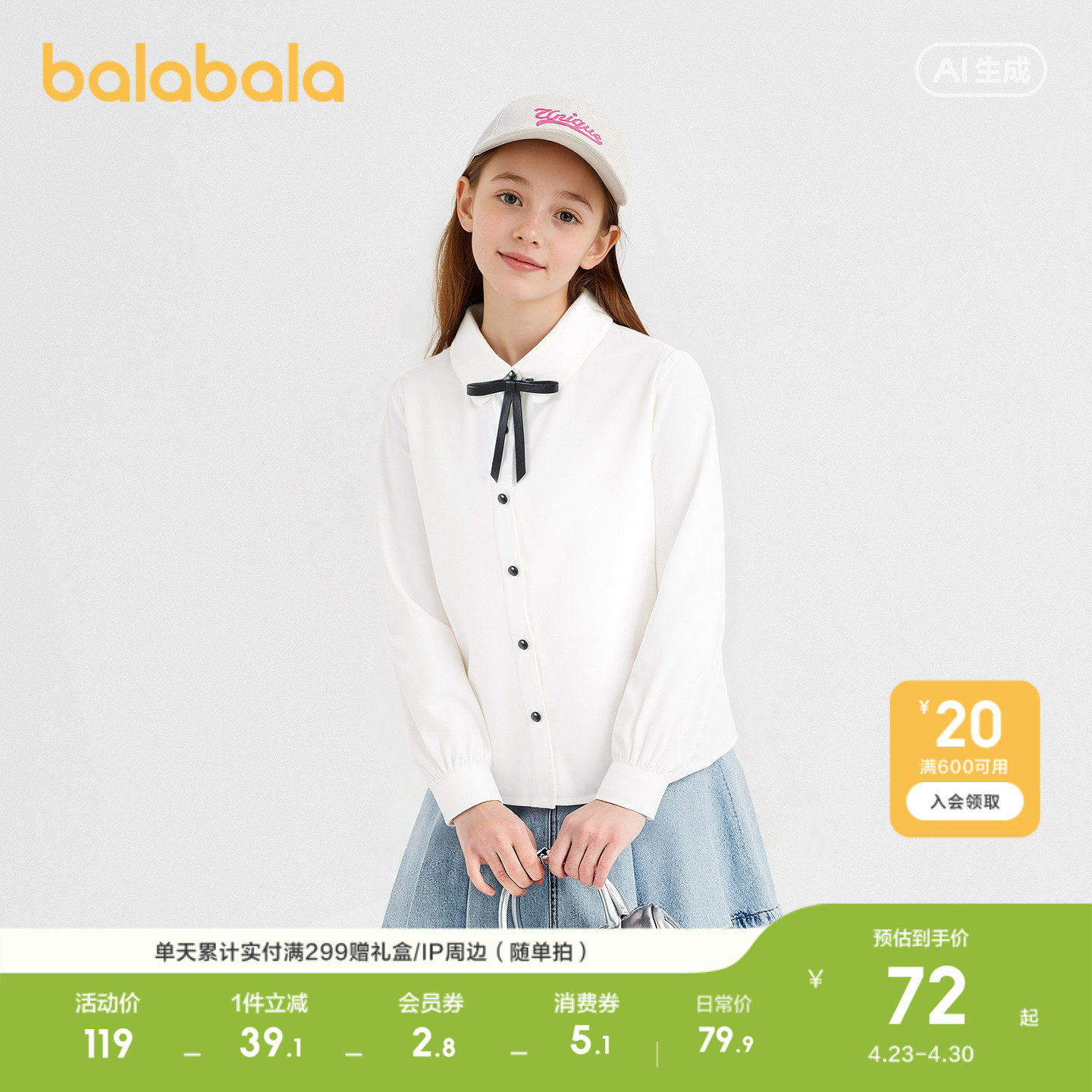 巴拉巴拉儿童长袖衬衫女童春装中大童学院风棉感白色衬衣柔软舒适