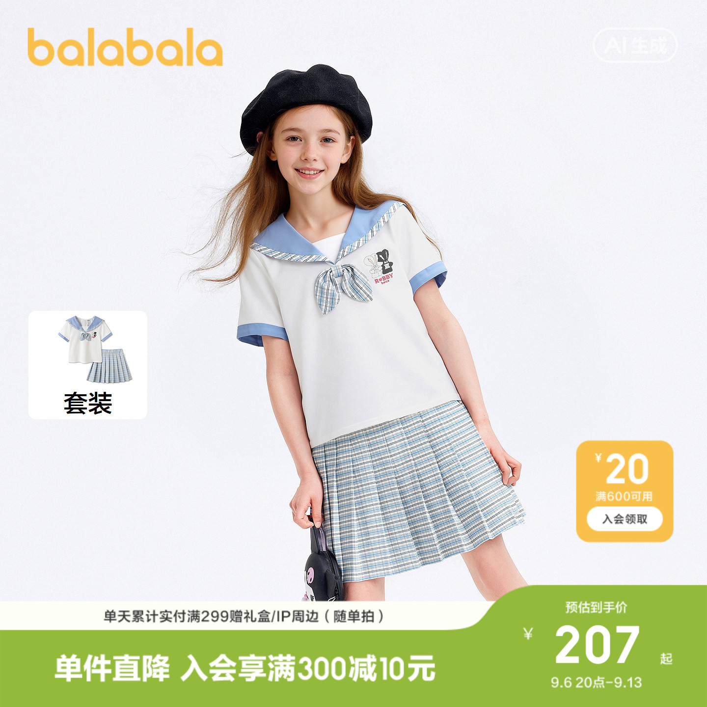 【商场同款】巴拉巴拉女童短袖套装儿童两件套2026夏装裙子学院风