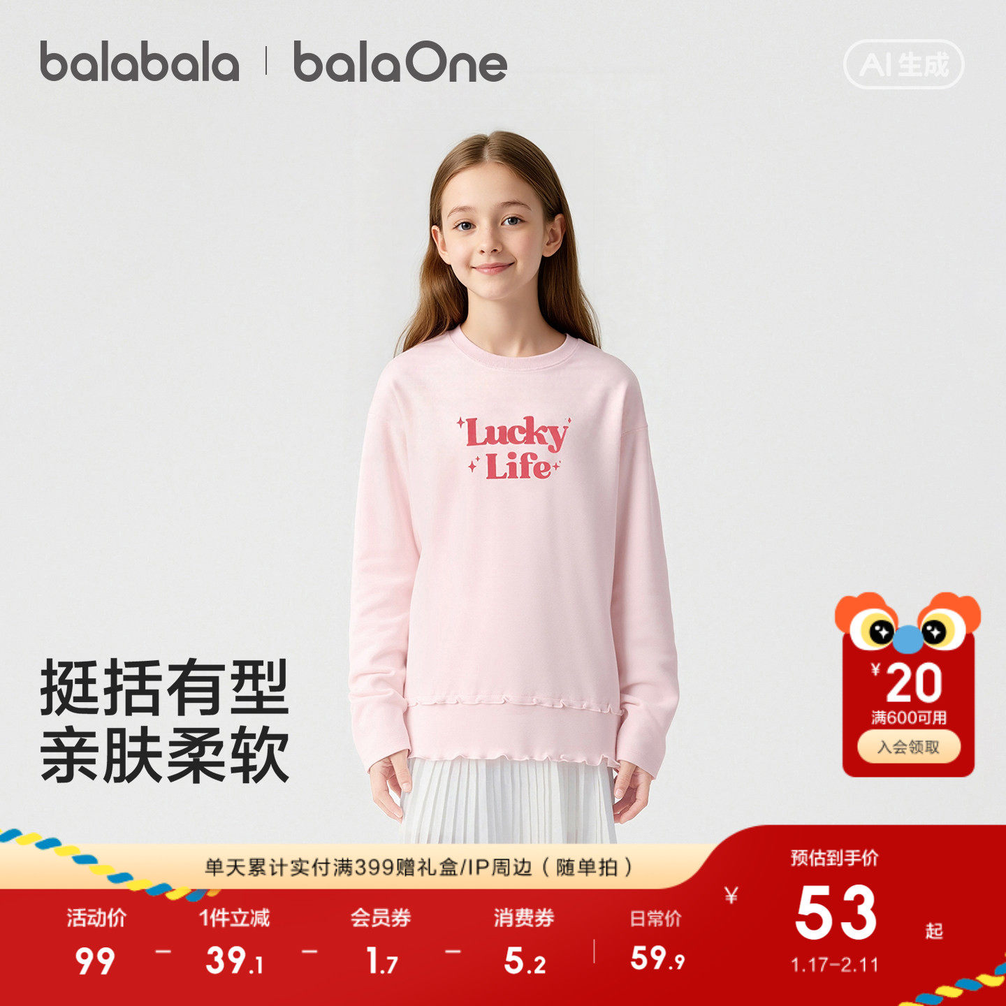 巴拉巴拉女童长袖t恤儿童2026春季新款圆领上衣大童条纹印花衣服,童装/婴儿装/亲子装,T恤,淘宝优惠券,粉丝福利购,淘宝优惠卷