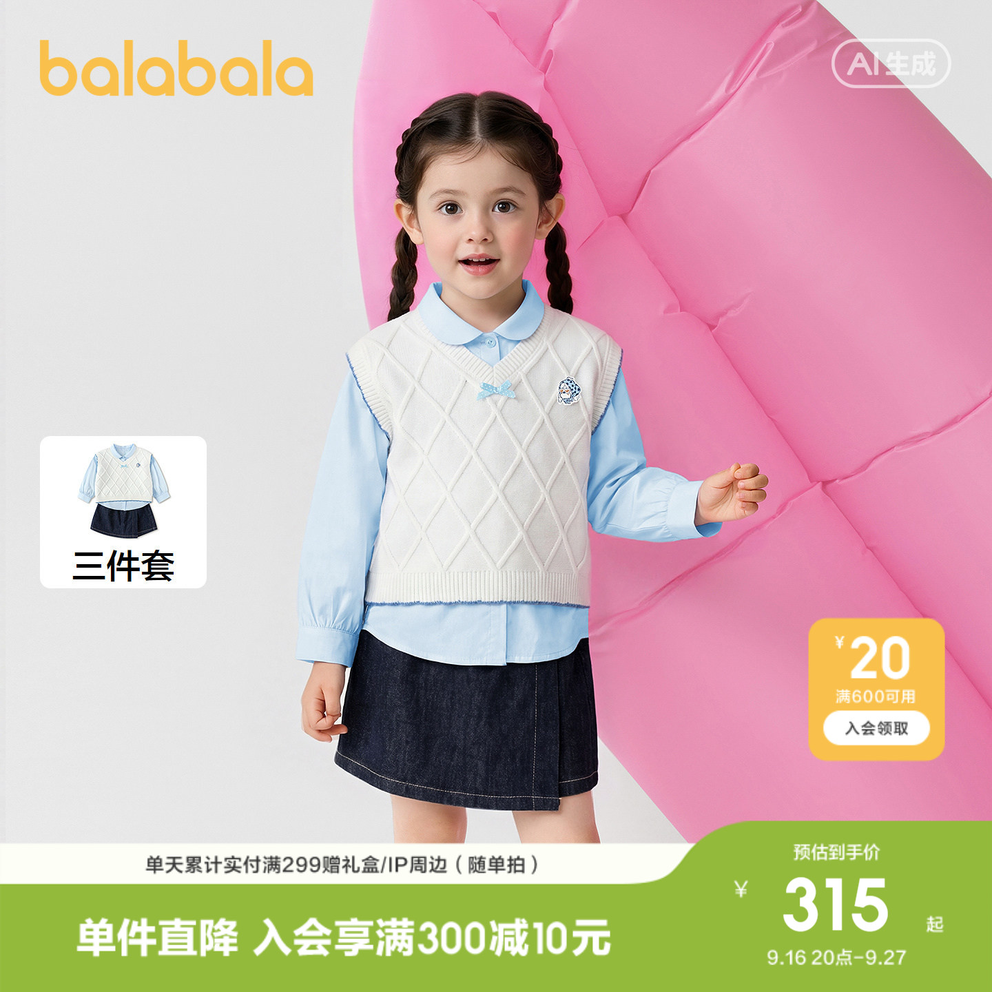 巴拉巴拉套装女童清新简约三件套