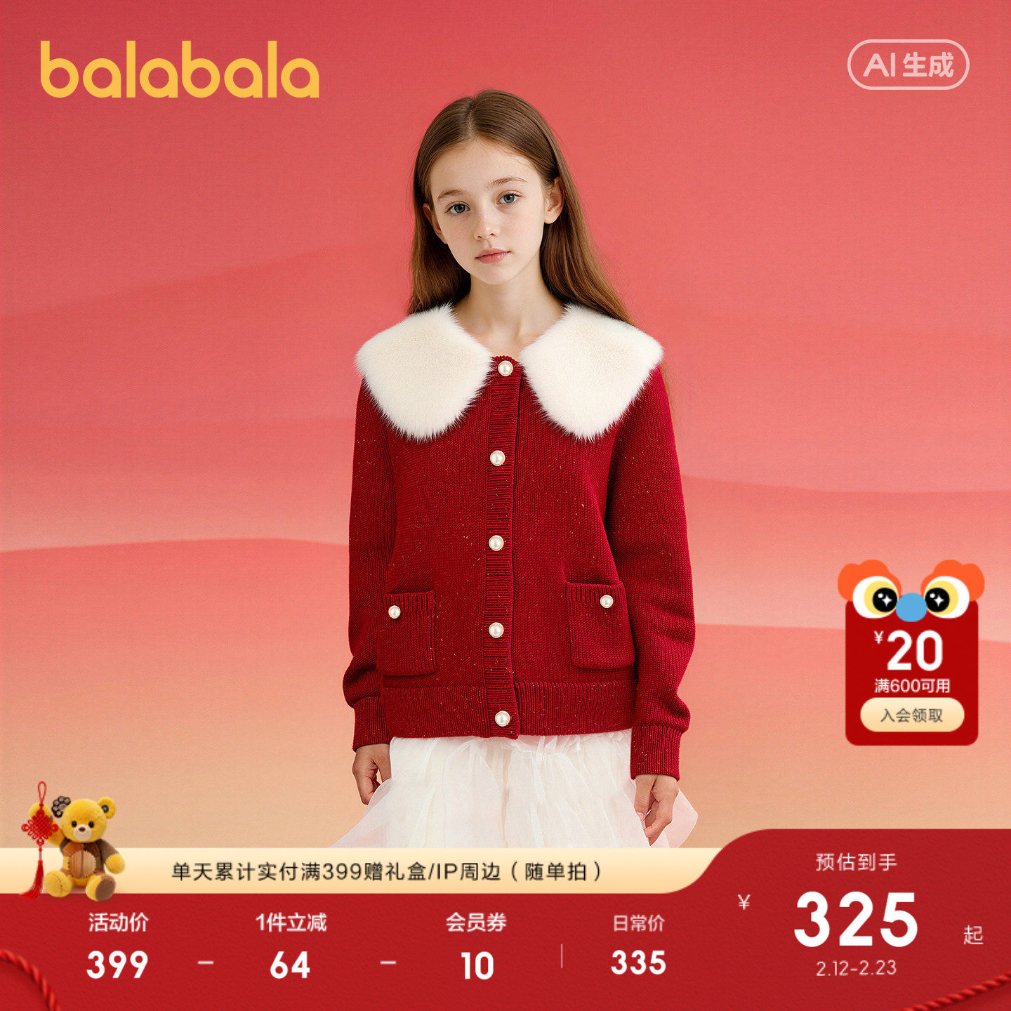 【商场同款】巴拉巴拉童装儿童毛衣女童2026新款春装新红色拜年服