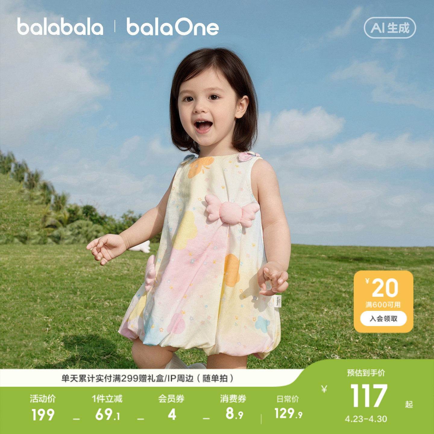 巴拉巴拉宝宝公主裙女童连衣裙2026新款甜美时尚洋气透气可爱裙子