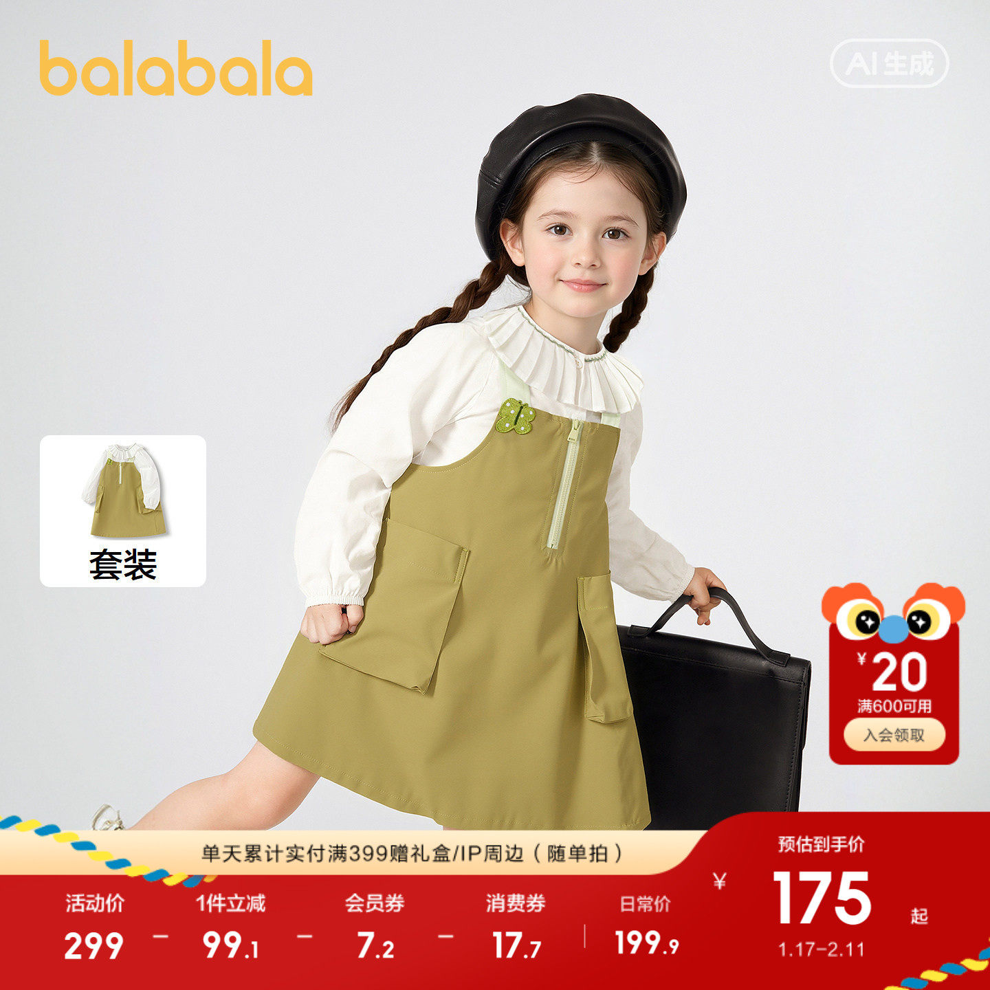 巴拉巴拉童装儿童连衣裙女童春秋装背带裙两件套口袋绣花甜美洋气