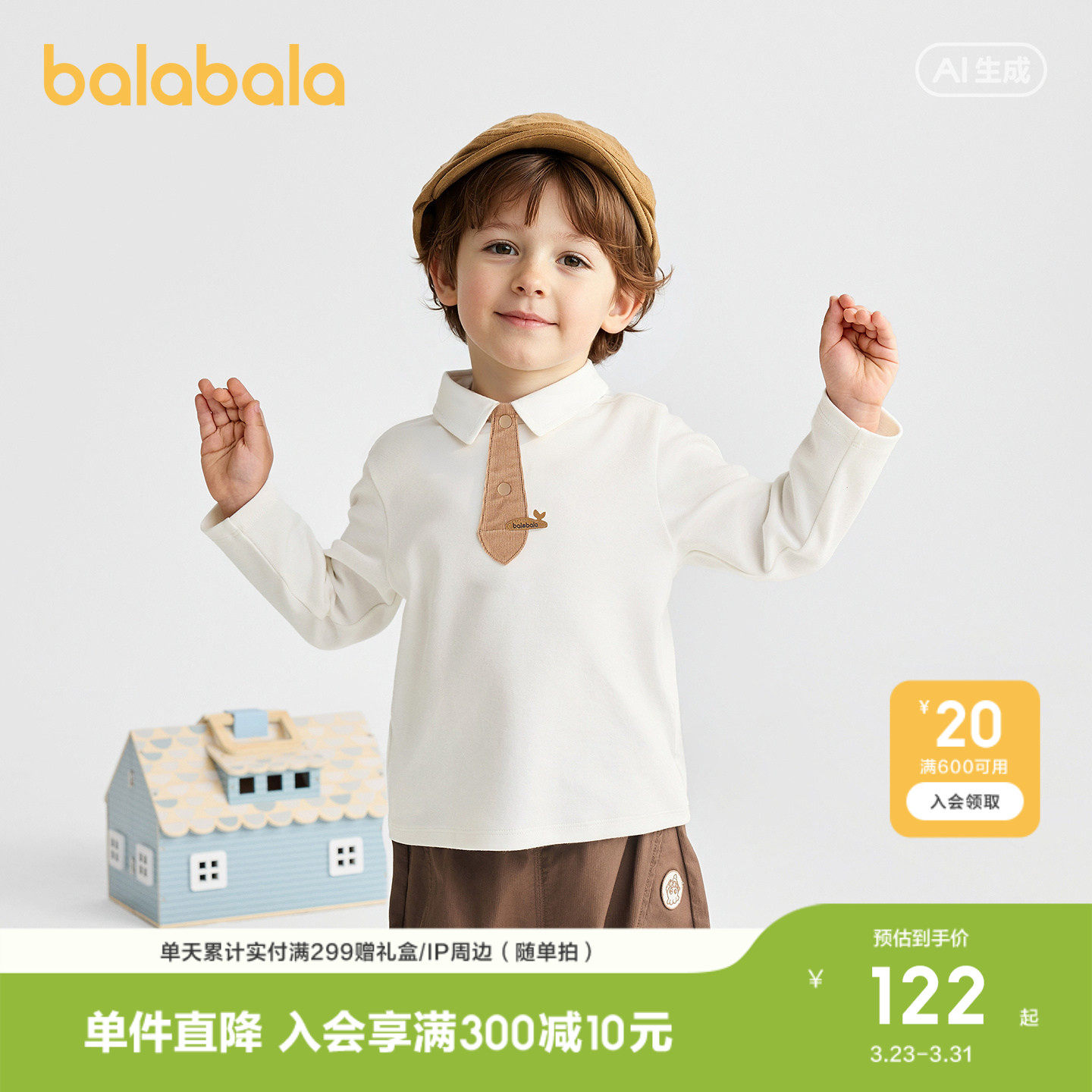 【商场同款】巴拉巴拉童装儿童长袖t恤男童2026新春装领带半开襟