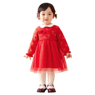 巴拉巴拉童装女童连衣裙2026新秋冬装网纱儿童裙子红色拜年服洋气