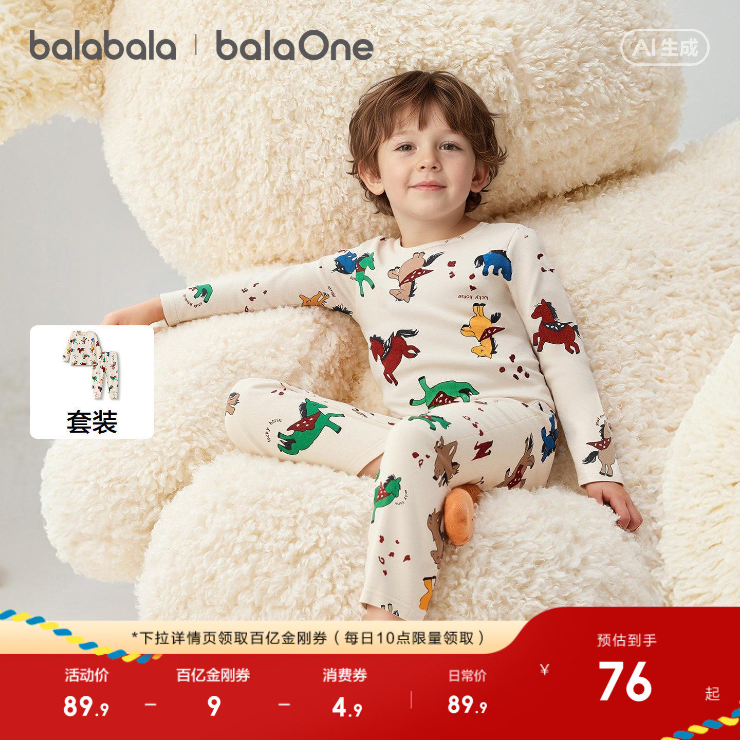 【balaOne】巴拉巴拉男童女童内衣套装儿童2件套新款童装20