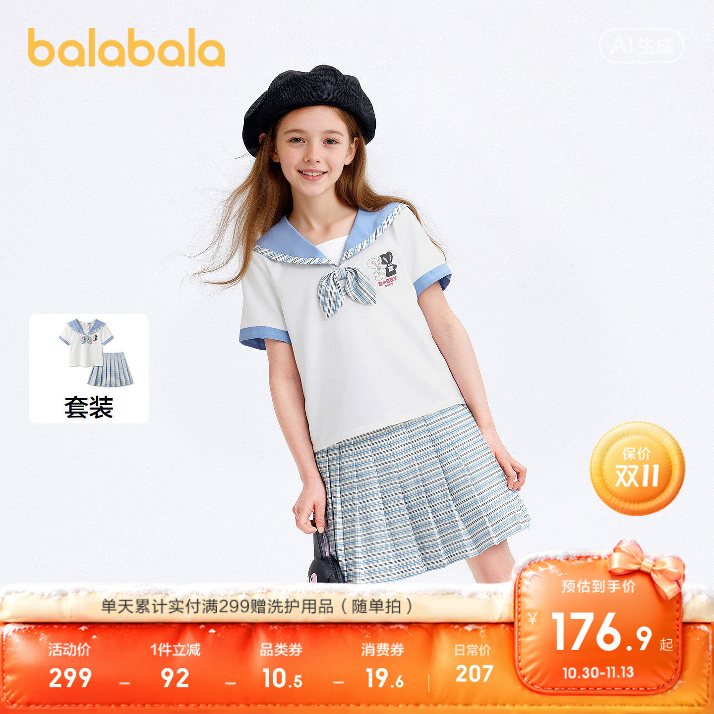 【商场同款】巴拉巴拉女童短袖套装儿童两件套2026夏装裙子学院风