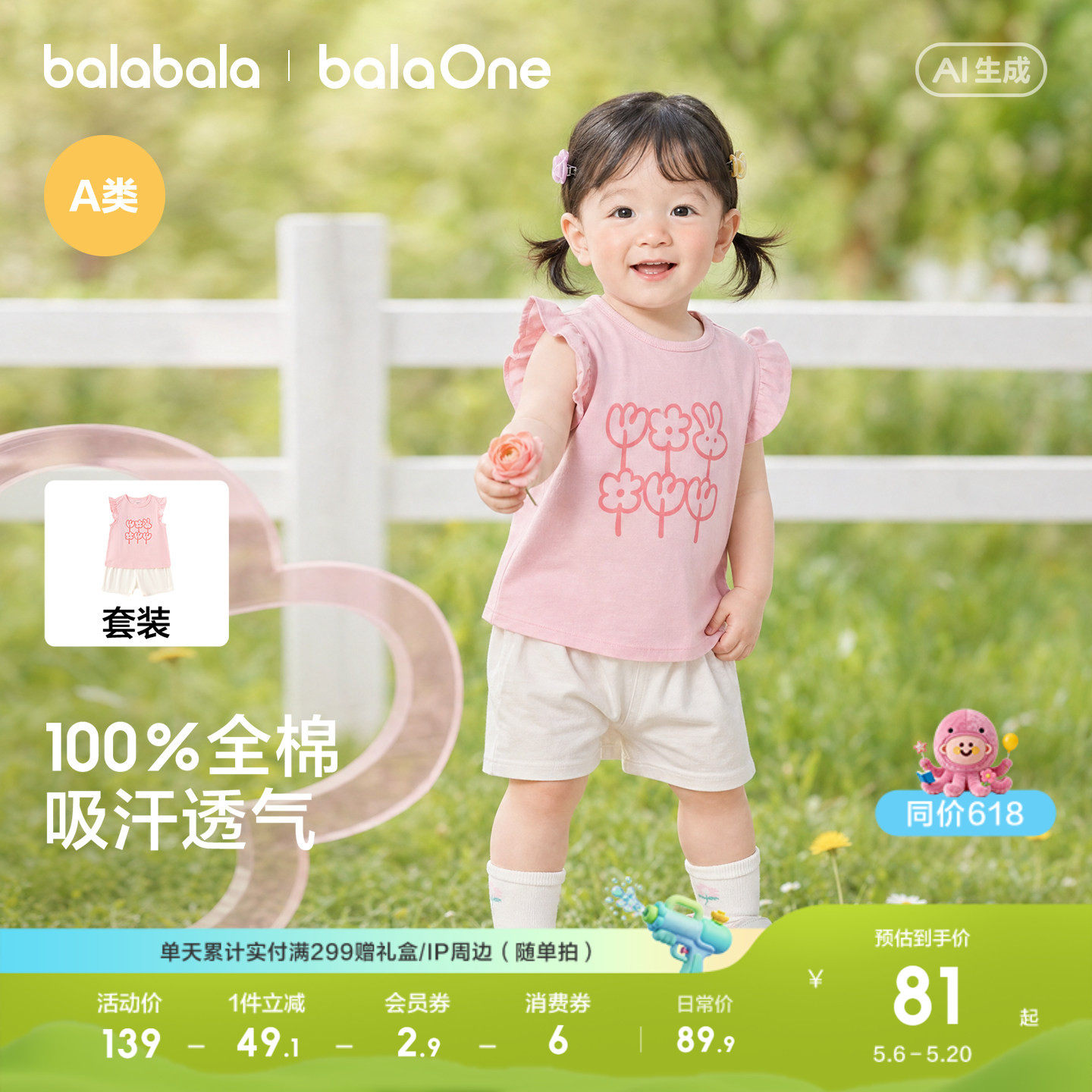 巴拉巴拉童装宝宝短袖套装婴儿女童t恤儿童两件套2026夏新款甜美