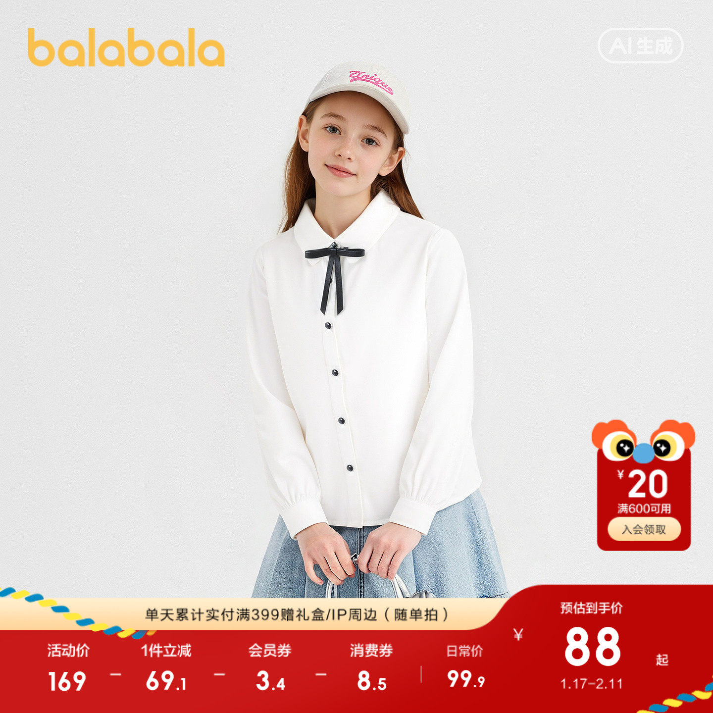 巴拉巴拉儿童长袖衬衫女童春装中大童学院风棉感白色衬衣柔软舒适