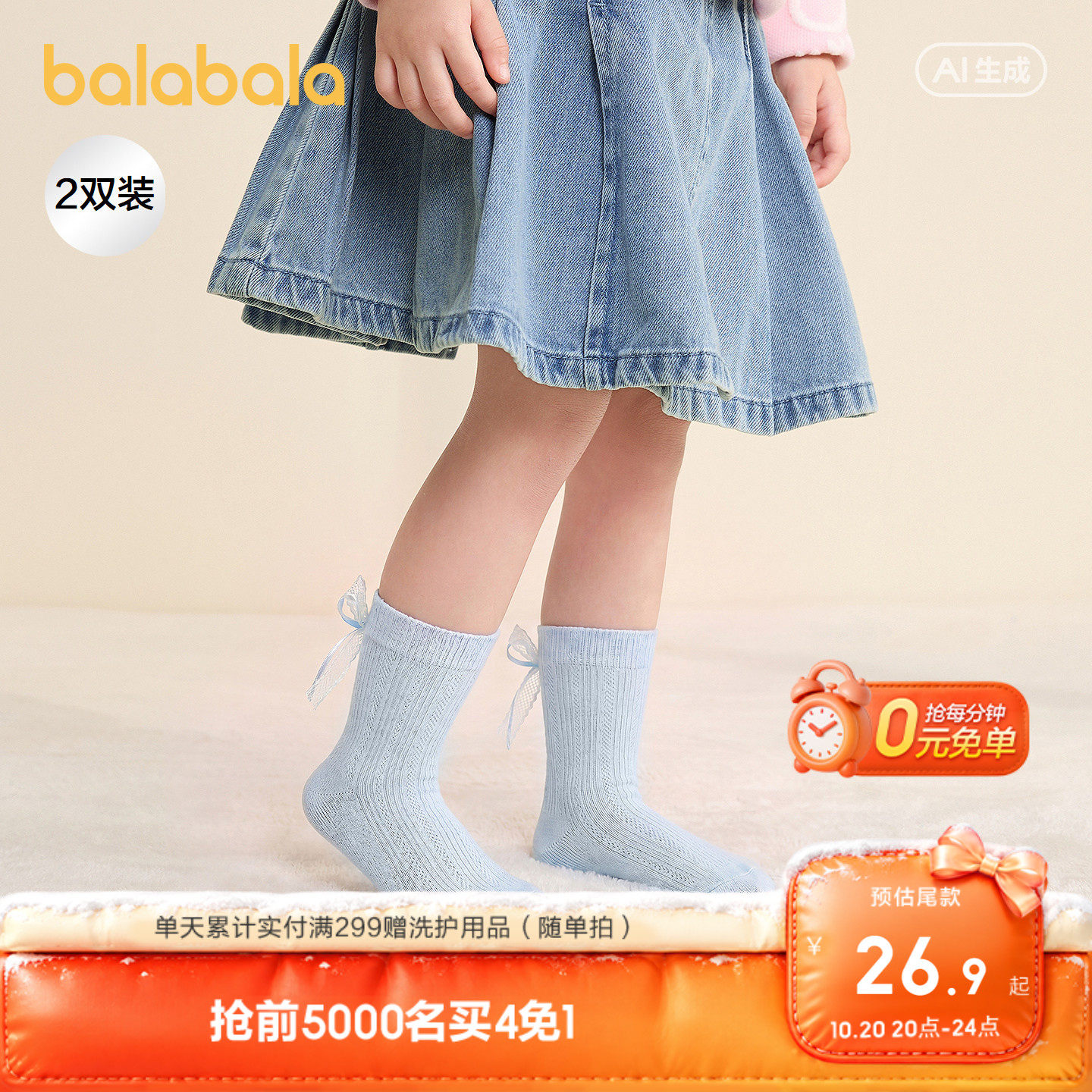 【商场同款】巴拉巴拉儿童袜子夏季新款网眼透气女童甜美袜两双装