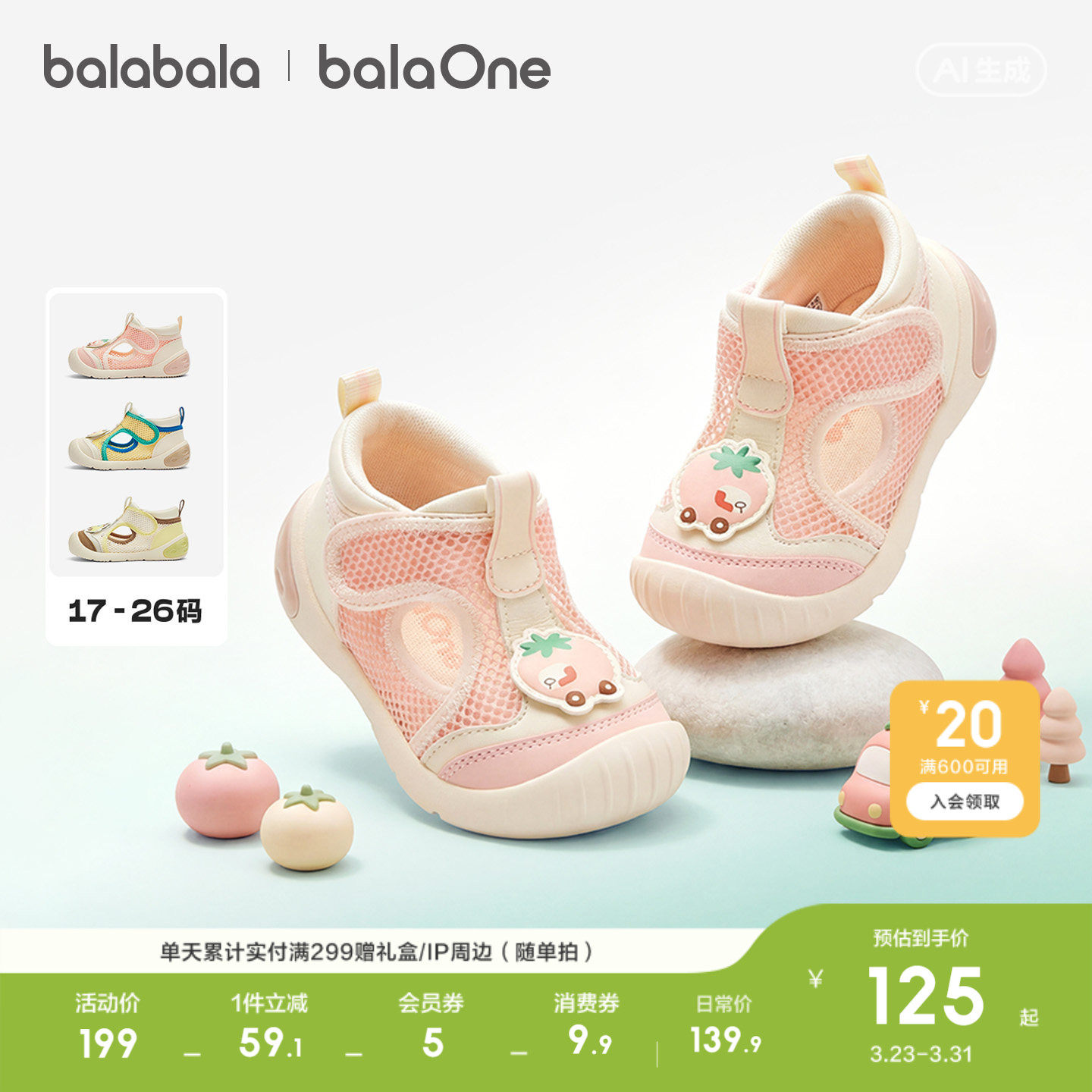 巴拉巴拉儿童学步鞋男童女童凉鞋2026夏新运动鞋网面透气小童宝宝