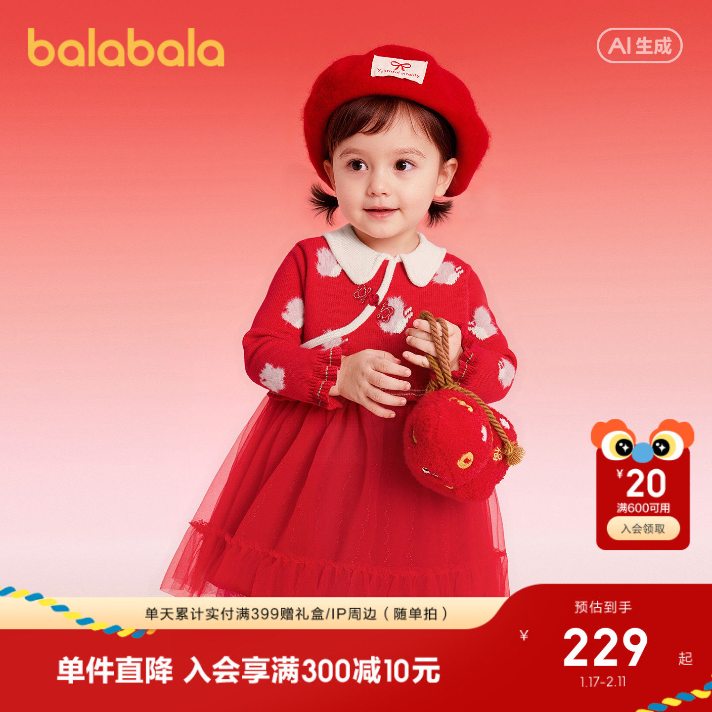 【商场同款】巴拉巴拉童装宝宝连衣裙儿童公主裙2026新红色拜年服