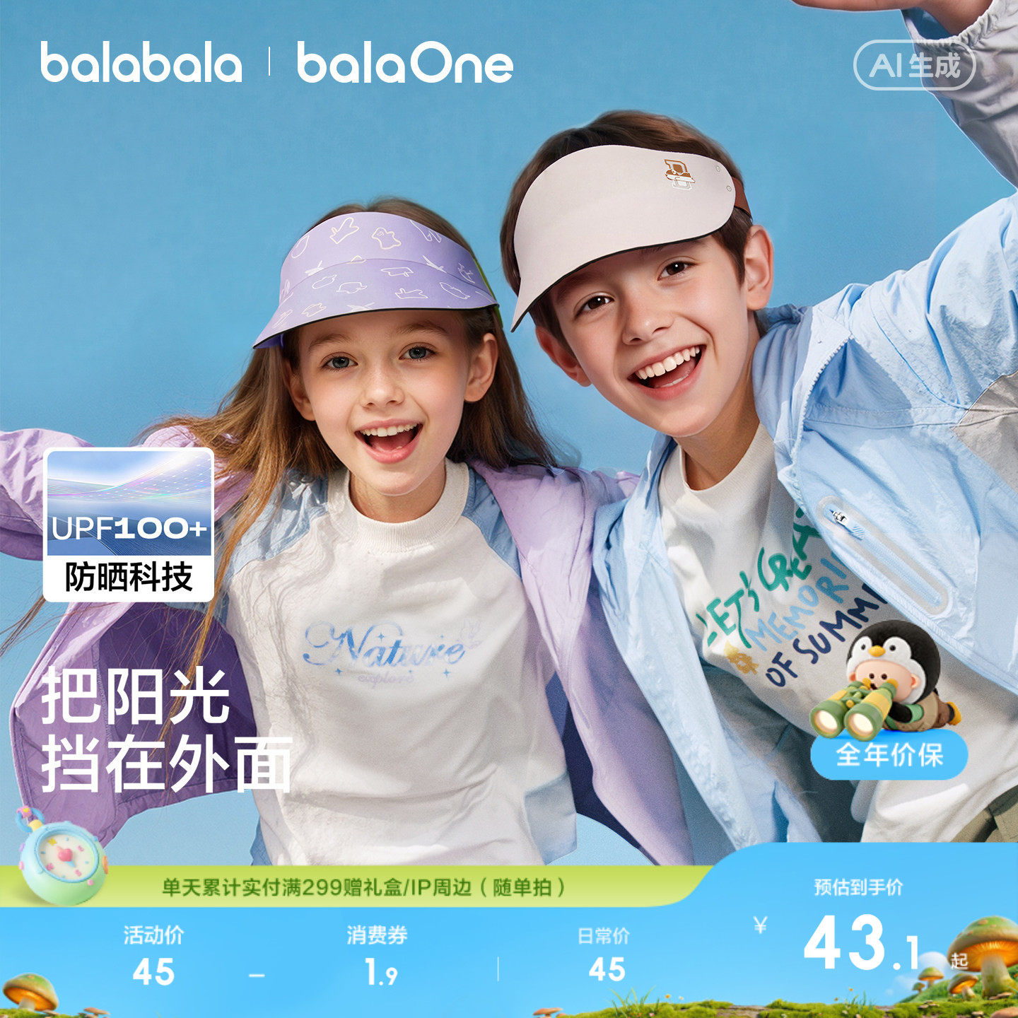巴拉巴拉儿童防晒帽子男女童2026夏季新款遮阳防紫外线宝宝空顶帽