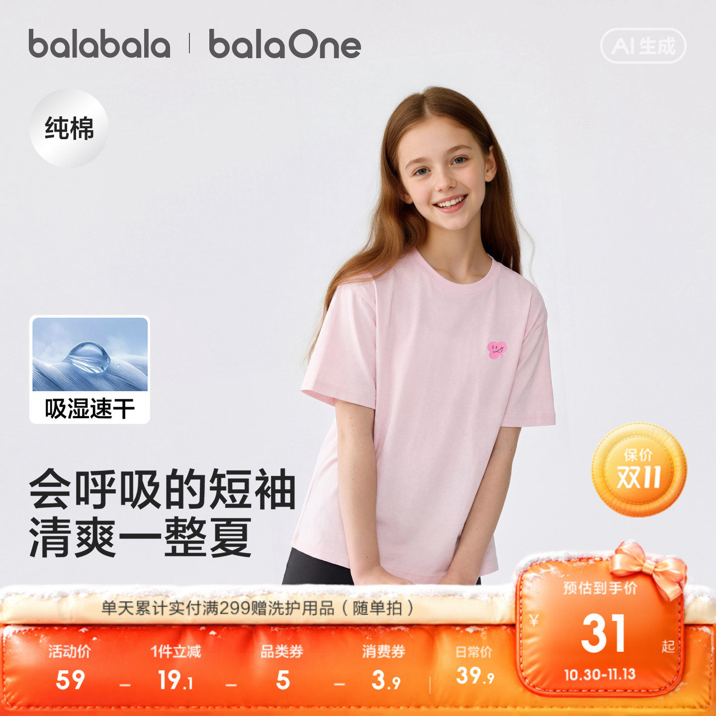 巴拉巴拉童装儿童短袖t恤男童女童宝宝婴儿上衣2026夏装亲子速干