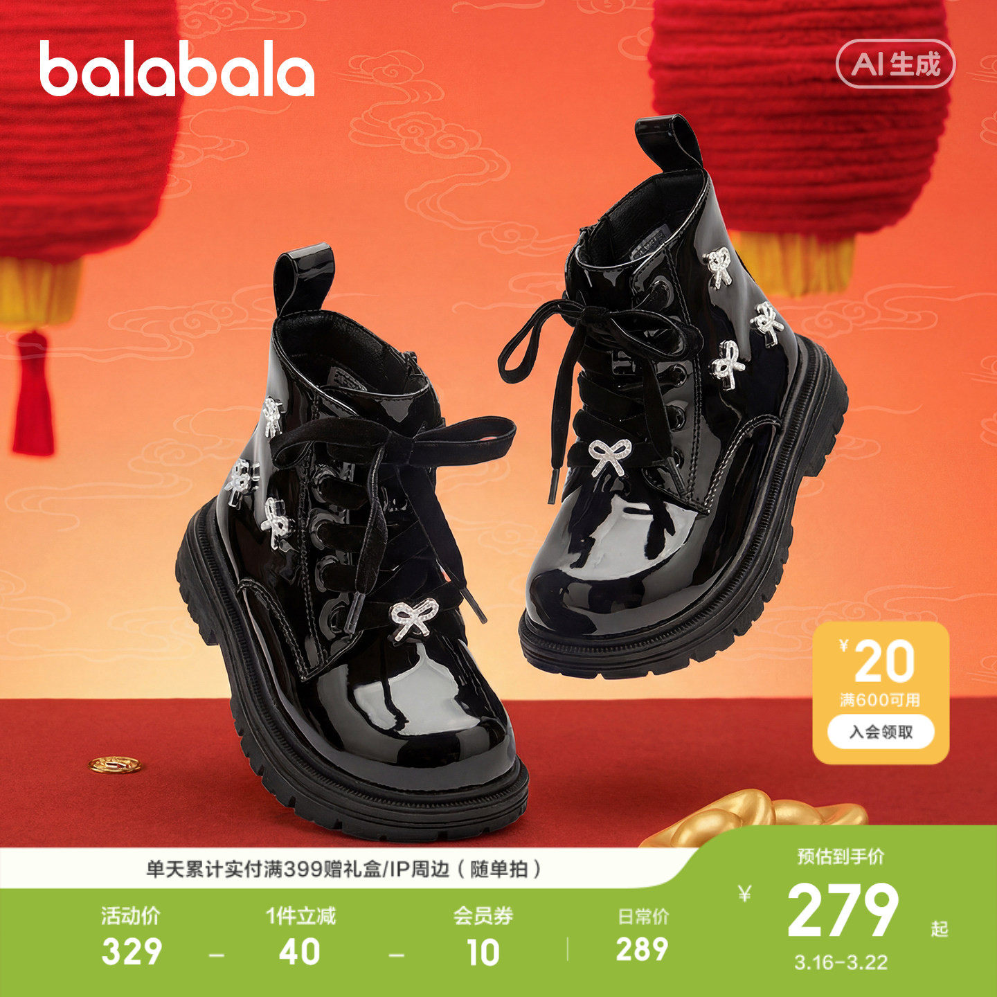 【商场同款】巴拉巴拉童鞋儿童马丁靴女童2026新靴子春短靴拜年鞋