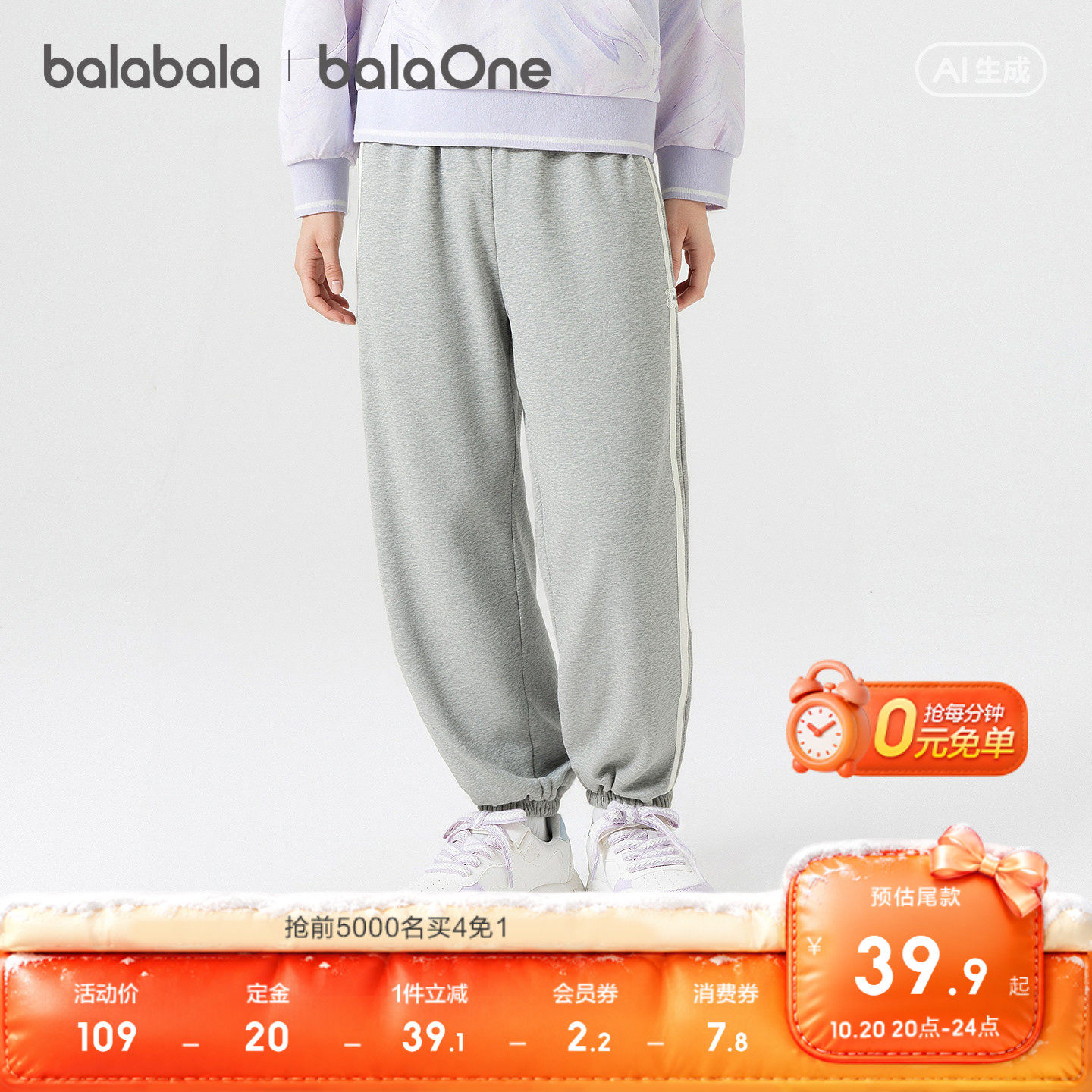 【balaOne】巴拉巴拉童装儿童裤子女童2026秋装款束脚运动裤时尚