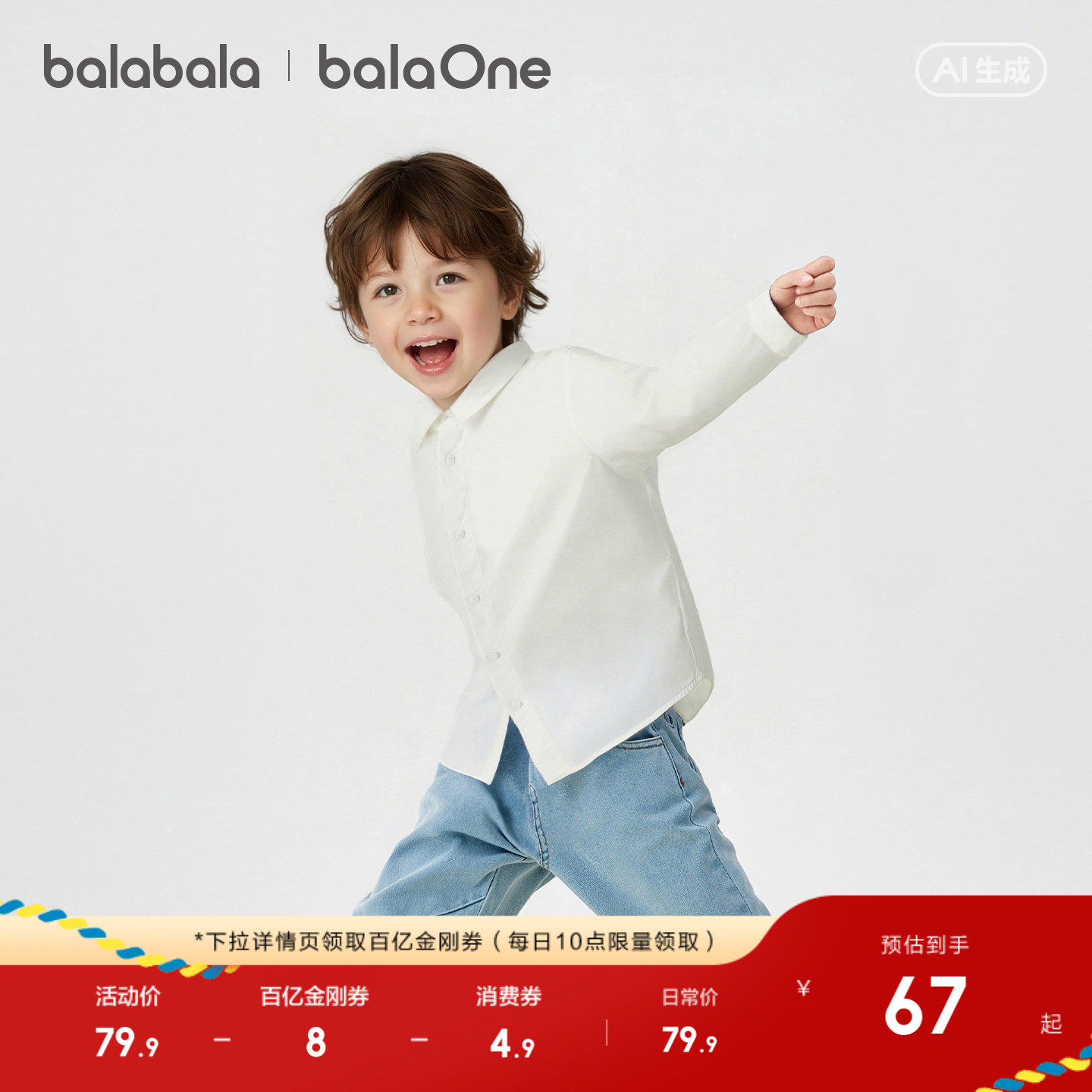 巴拉巴拉童装男童长袖衬衫宝宝2026新款春装纯棉亲肤纯色衬衣时尚