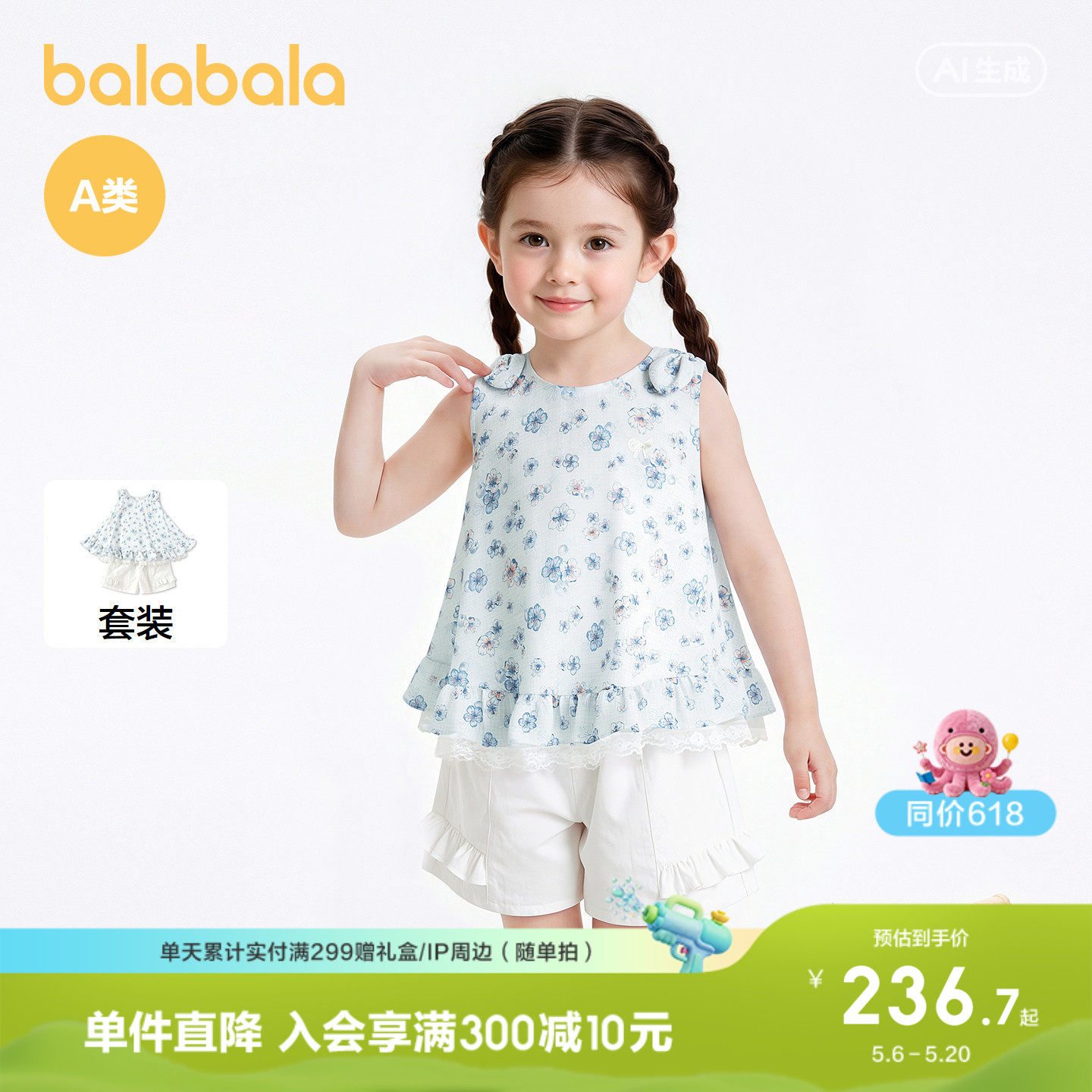 【商场同款】巴拉巴拉童装儿童套装女童2026新款夏蕾丝花边上下装