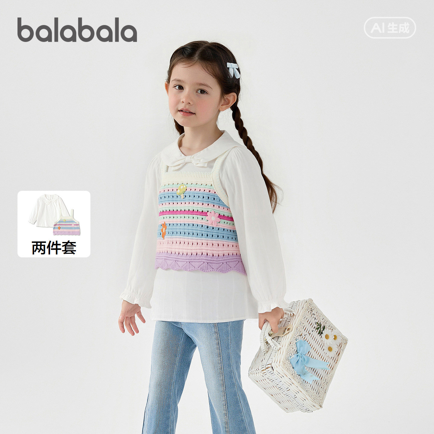 【商场同款】巴拉巴拉儿童长袖衬衫女童2026年新款春秋时尚两件套