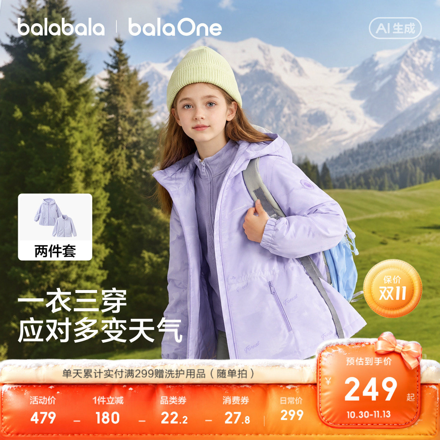 巴拉巴拉童装女童棉服儿童三合一外套宝宝棉袄2026秋冬装户外上衣