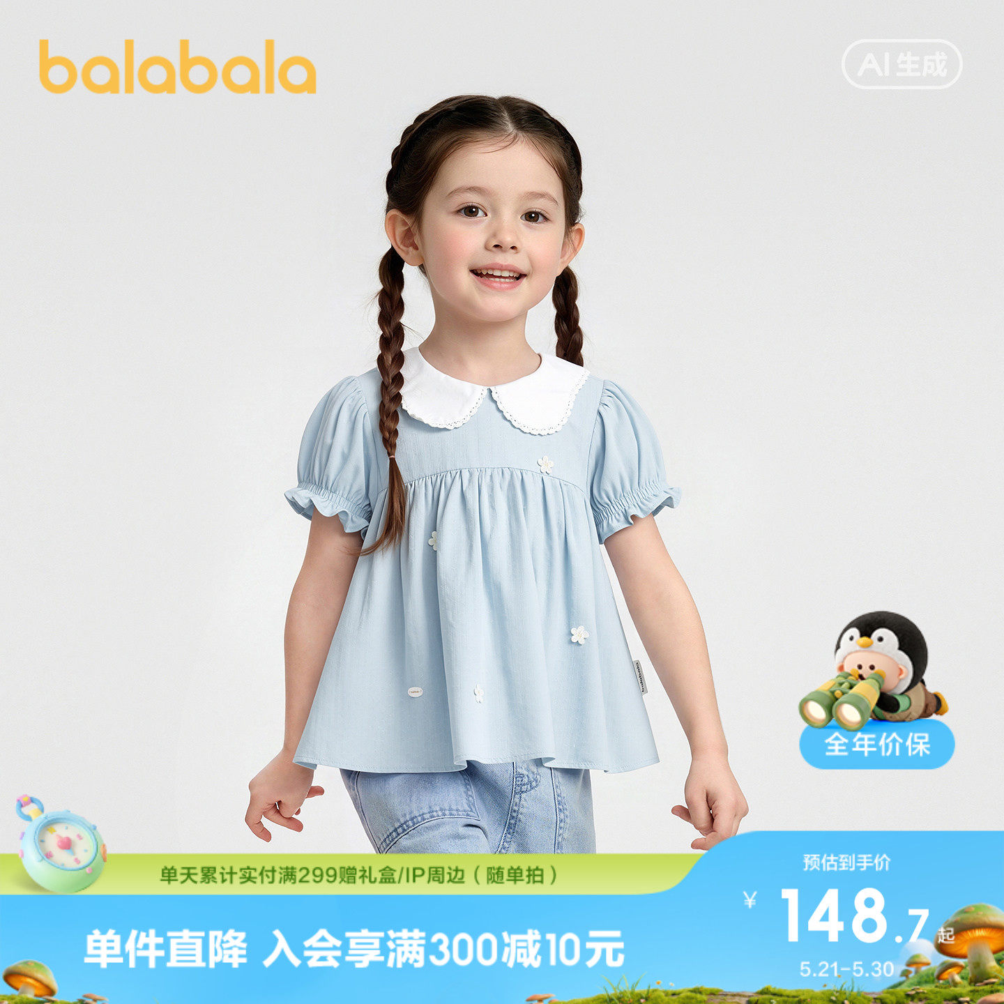 【商场同款】巴拉巴拉童装儿童短袖衬衫女童宝宝26夏装泡泡袖上衣