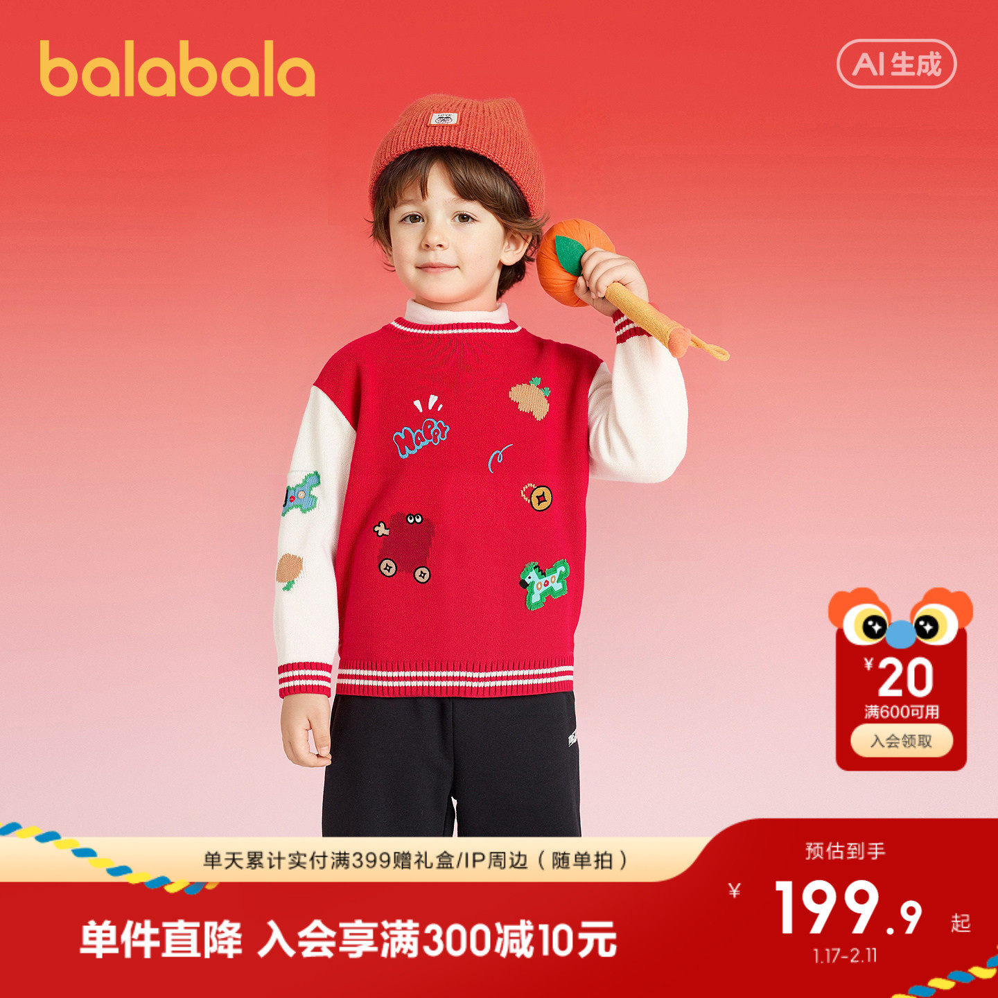 【商场同款】巴拉巴拉童装儿童毛衫男童2026年新款春装红色拜年服