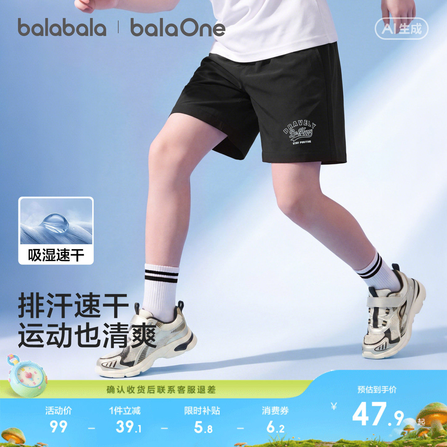 巴拉巴拉童装儿童中裤男童短裤2026夏装薄款大童吸湿速干裤子运动