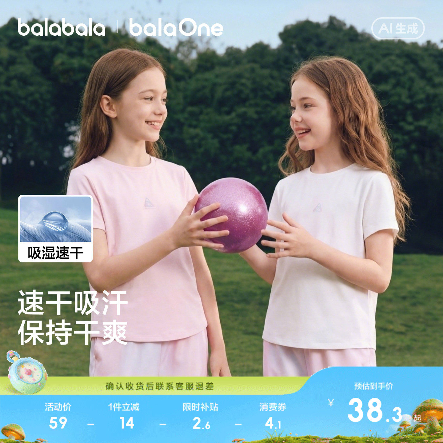 巴拉巴拉儿童短袖t恤女童2026夏新款童装亲肤舒适大童速干衣户外