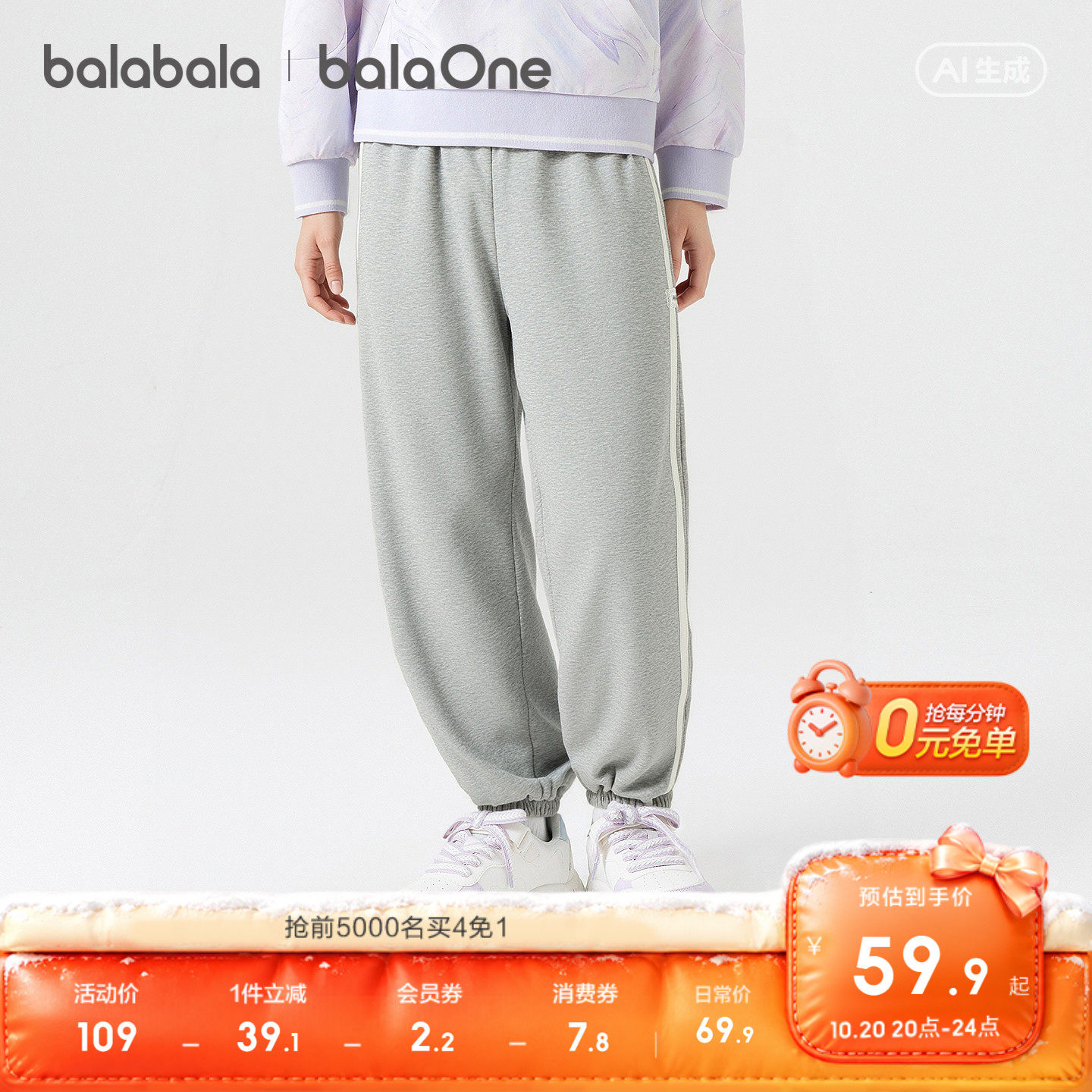【balaOne】巴拉巴拉童装儿童裤子女童2026秋装款束脚运动裤时尚